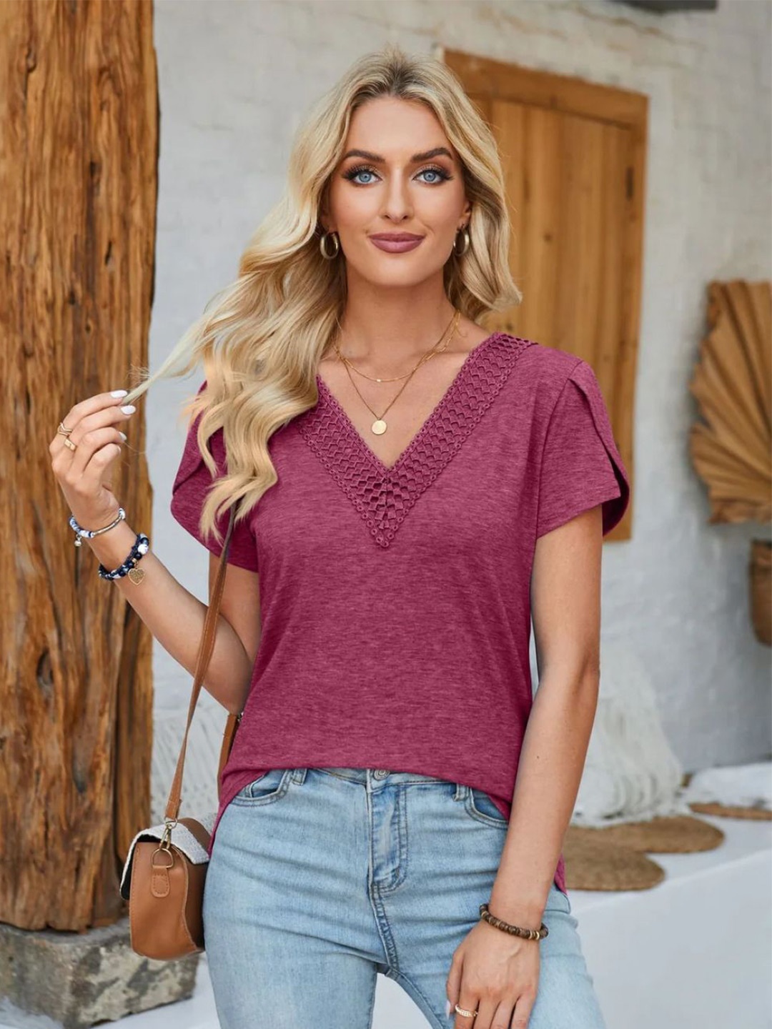 

KPOP Women V-Neck Short Sleeves Top, Purple