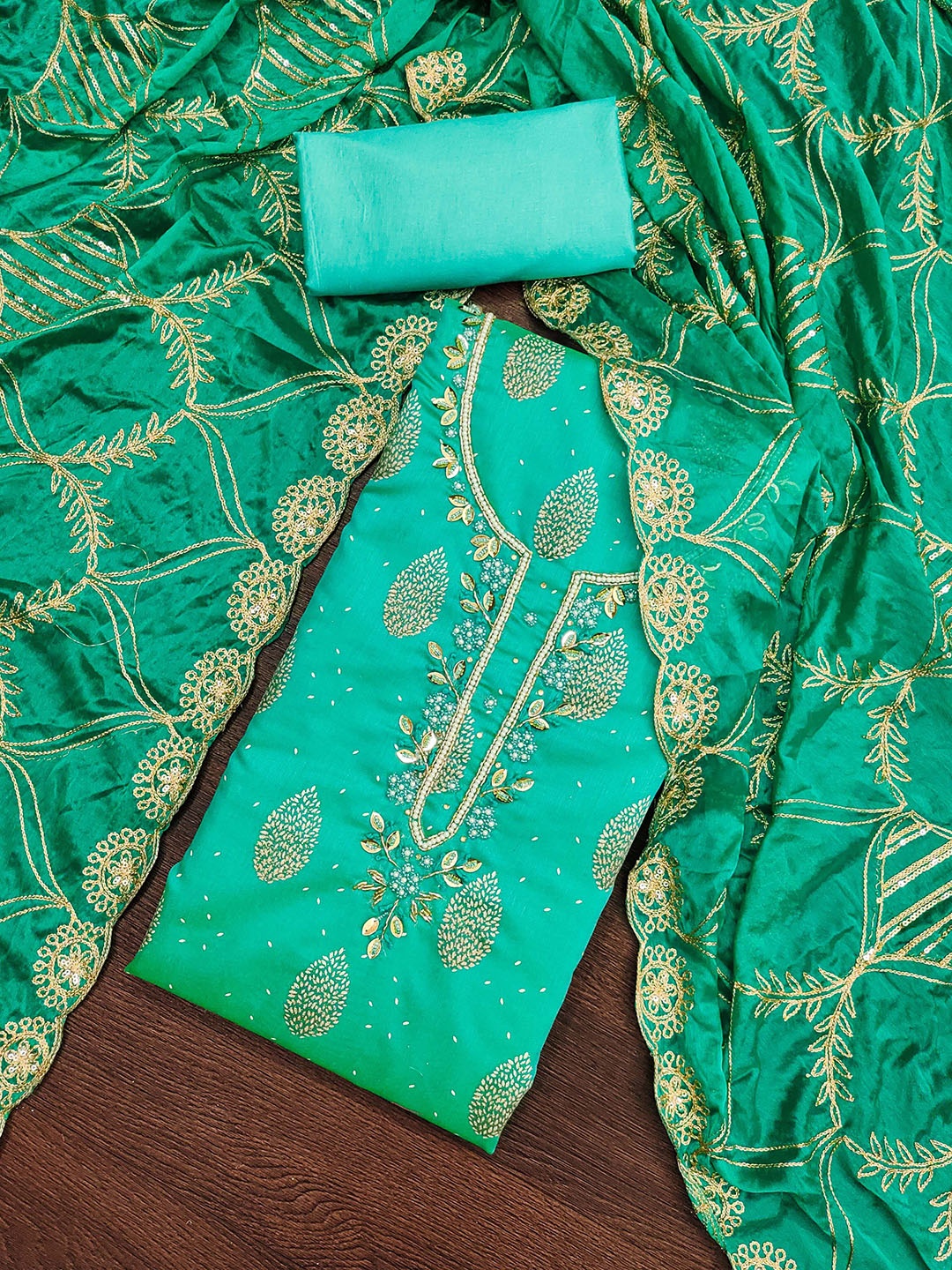 

Maroosh Floral Woven Design Beads & Stones Embellished Unstitched Dress Material, Sea green