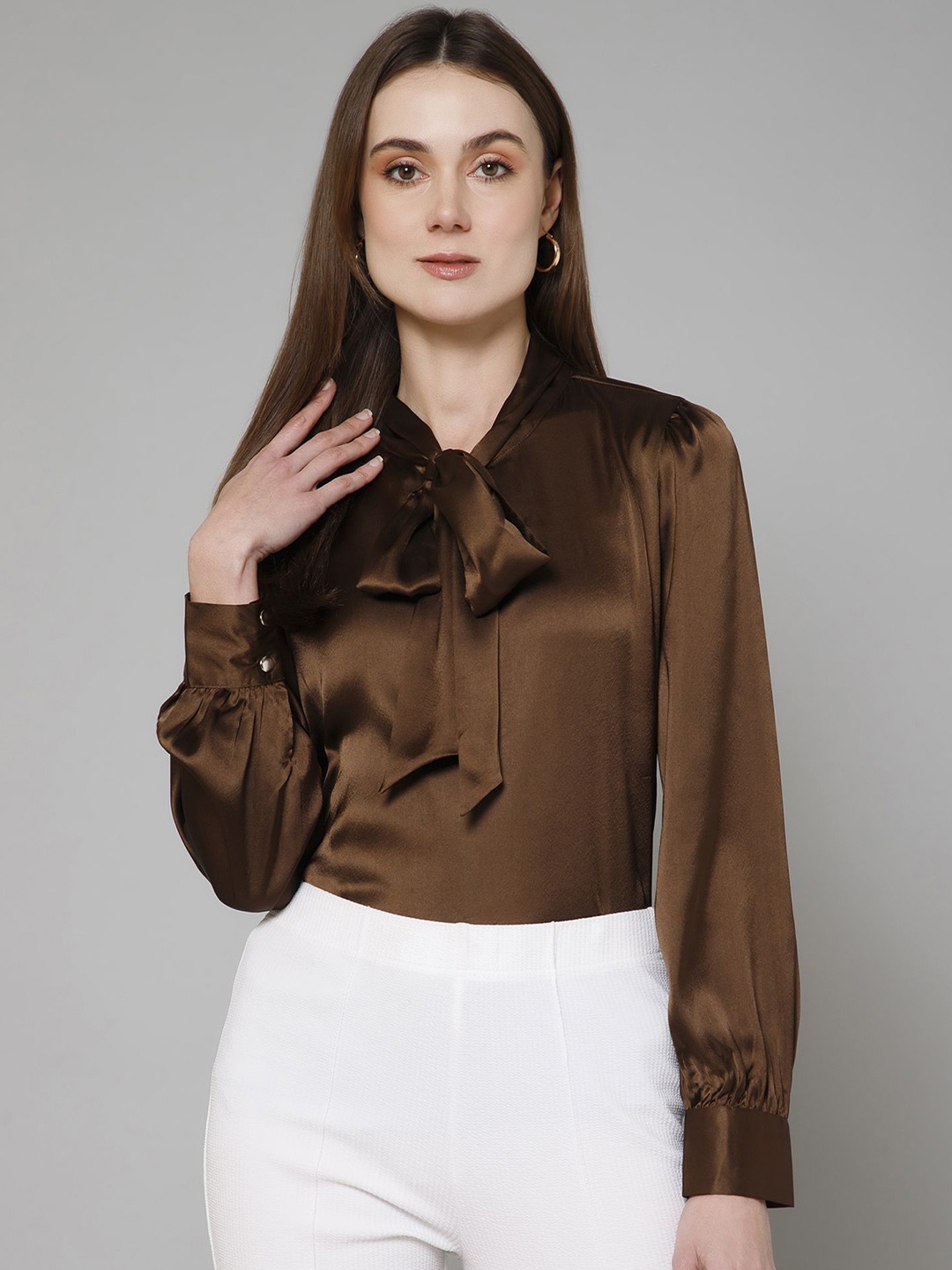 

PURYS WORKSPACE Tie-Up Neck Formal Satin Top, Coffee brown