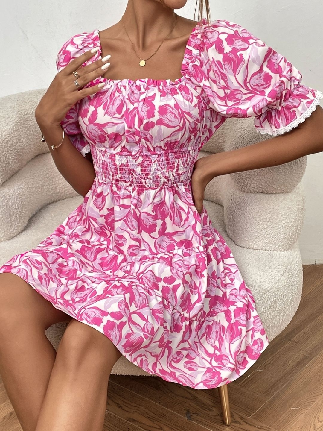 

KPOP Women Floral Printed A-Line Dress, Pink