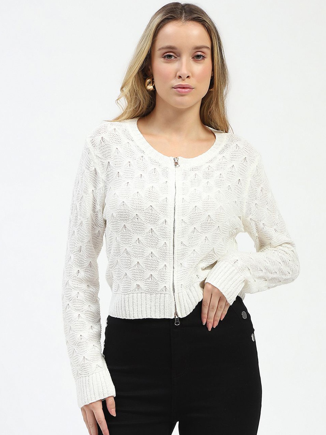 

Madame Women Self Design Round Neck Wool Top, Off white