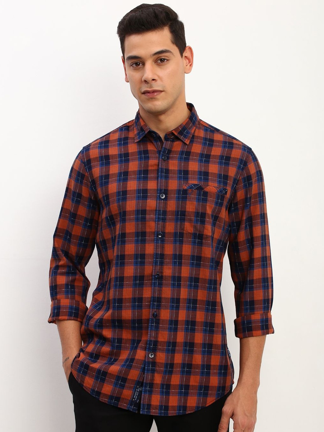 

Allen Solly Men Custom Spread Collar Tartan Checked Cotton Casual Shirt, Orange