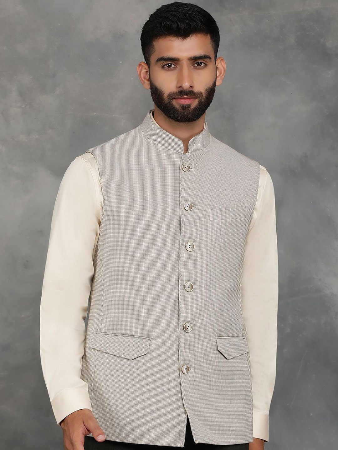 

JADE BLUE Men Geometric Checked Tailored Jacket, Beige