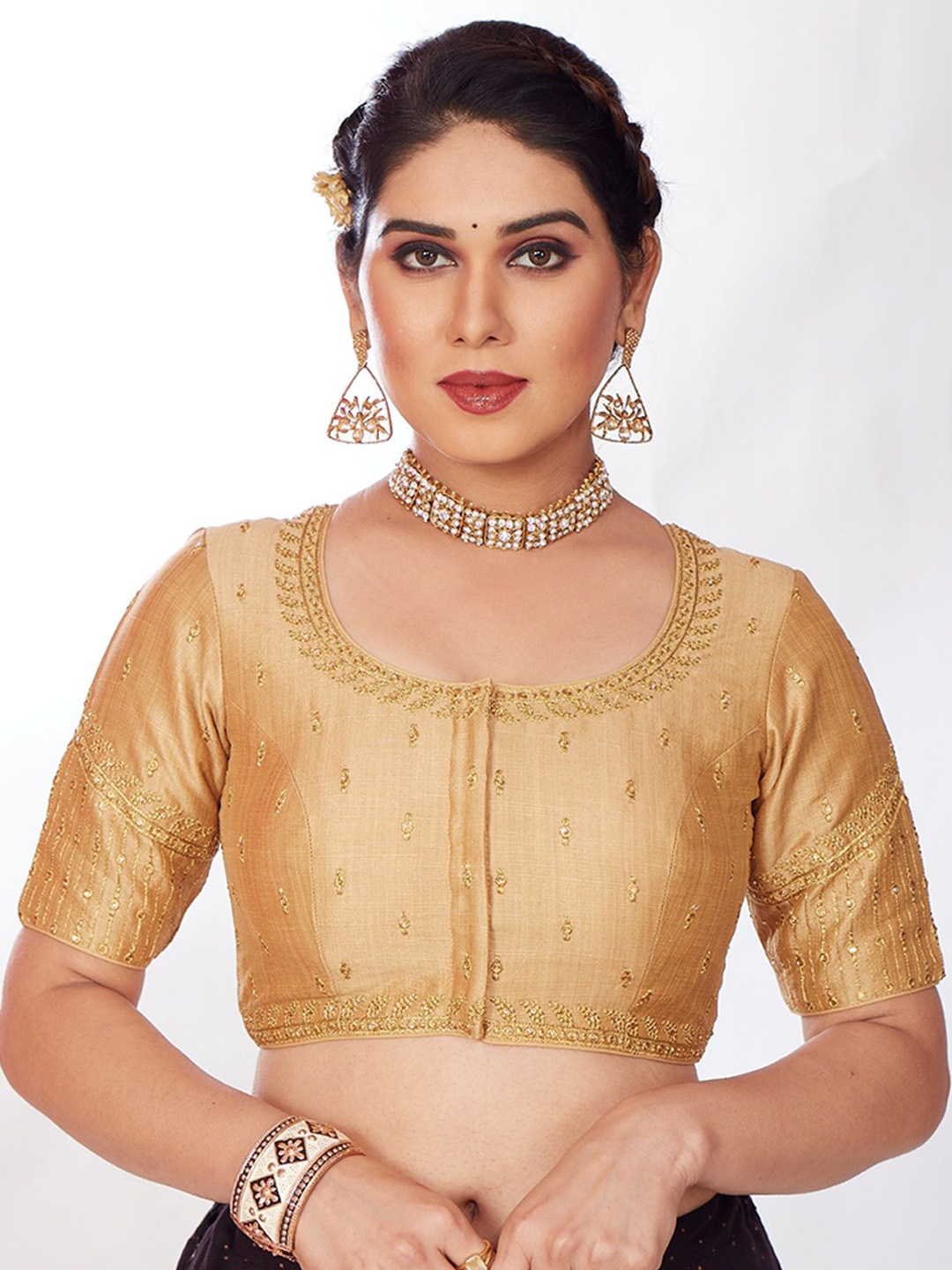 

Mmore Embroidered Padded Saree Blouse, Gold