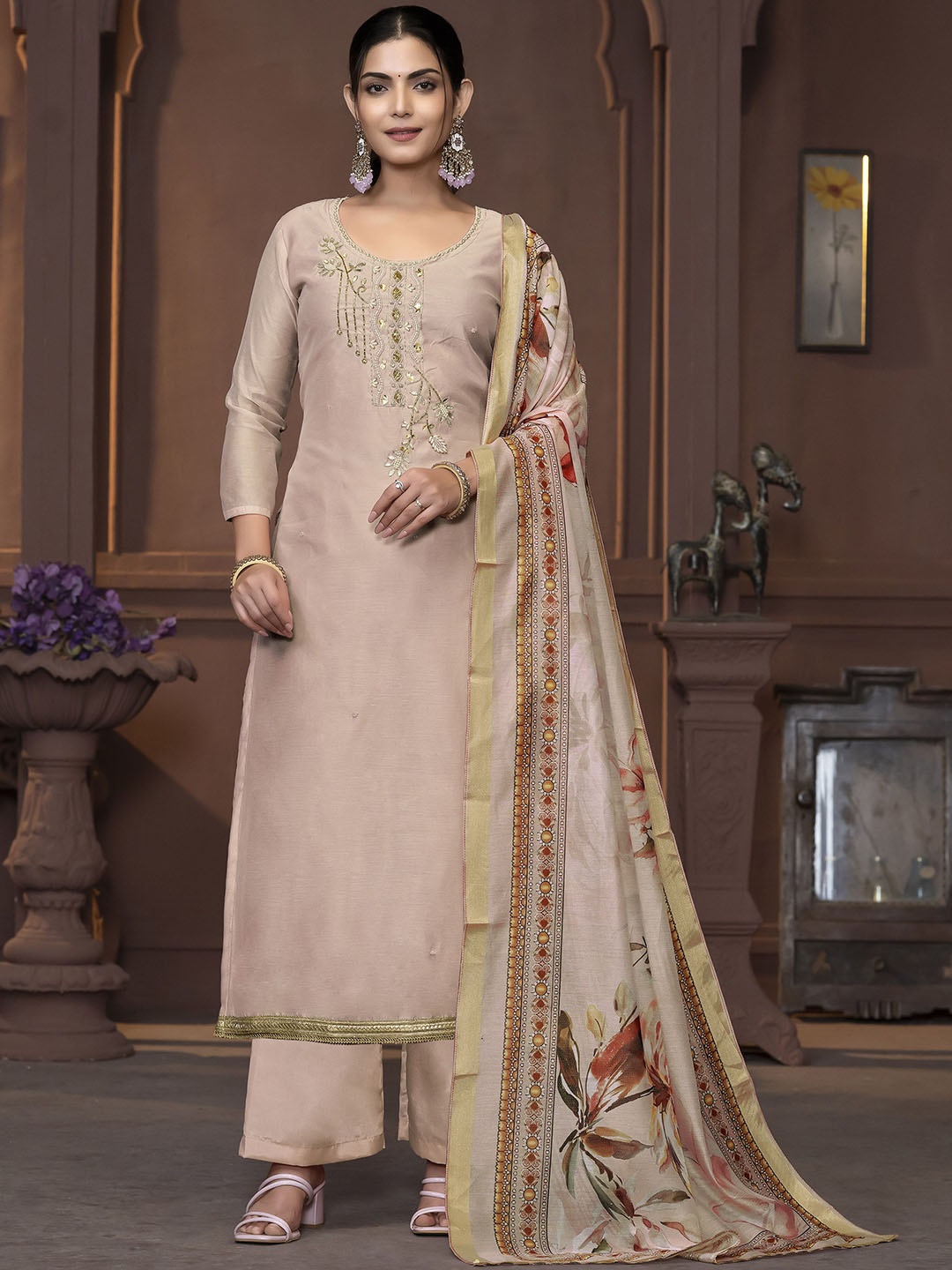 

Maroosh Floral Embellished Beads and Stones Unstitched Dress Material, Beige
