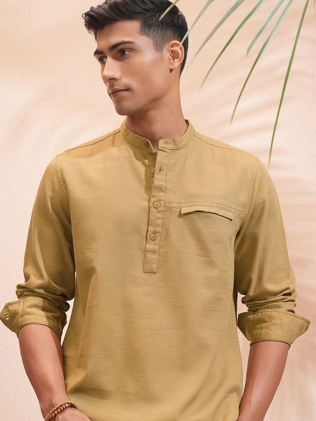 

Highlander Men Dobby Textured Solid Mandarin Collar Casual Shirt, Mustard