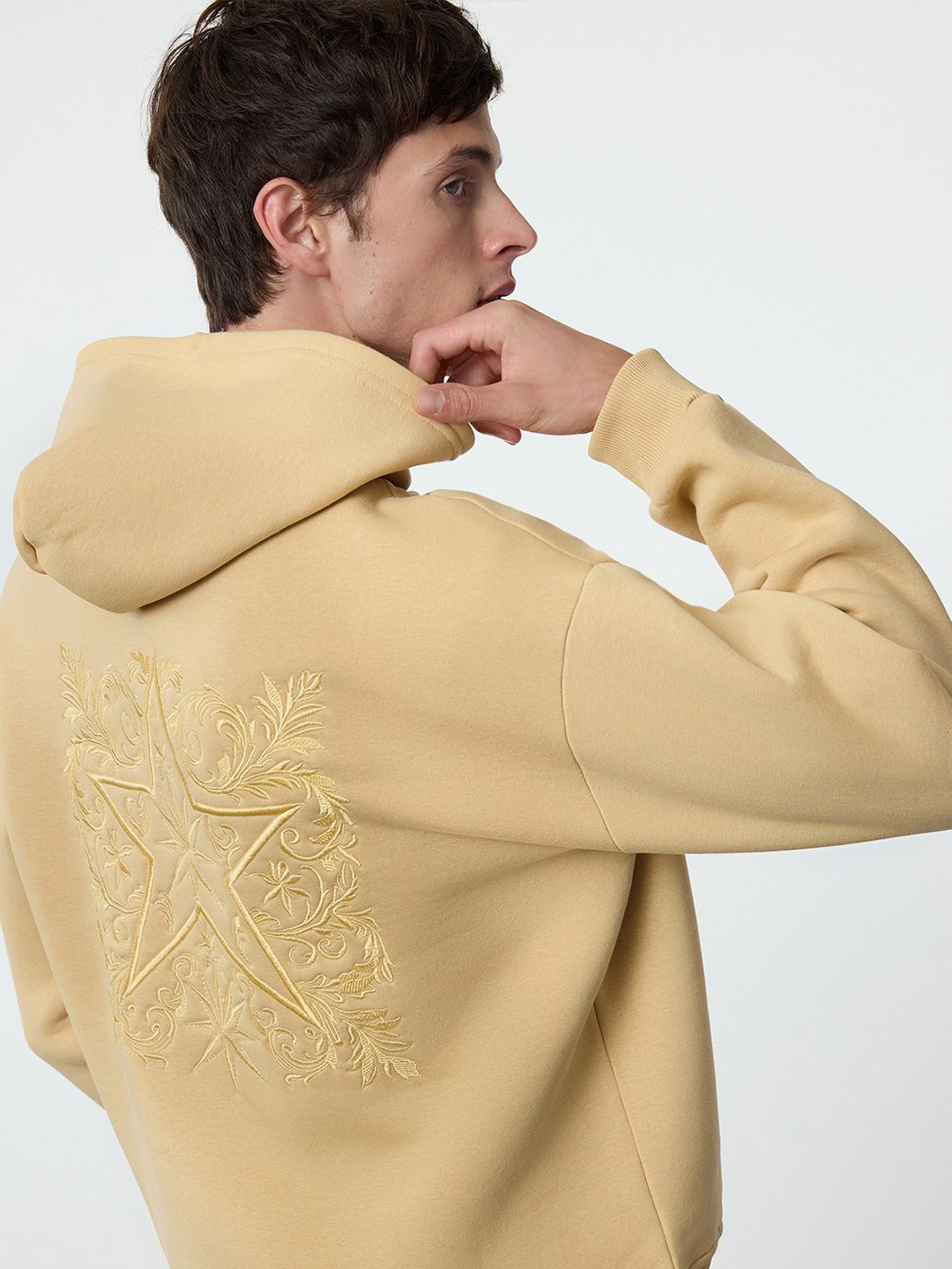 

Trendyol Men Graphic Printed Hood Cotton Pullover Sweatshirt, Beige