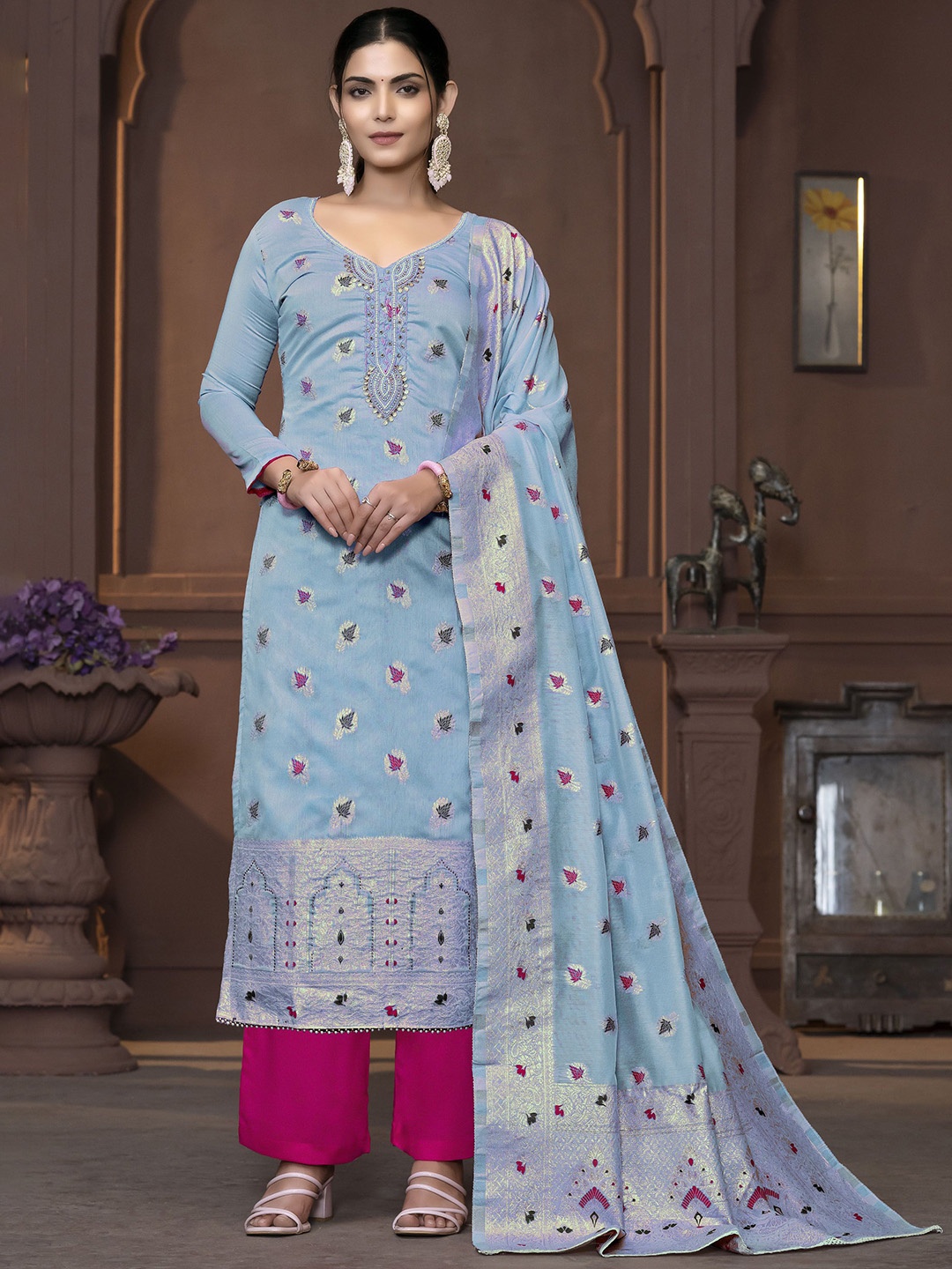 

MANVAA Floral Printed Beads & Stones Unstitched Dress Material, Sea green