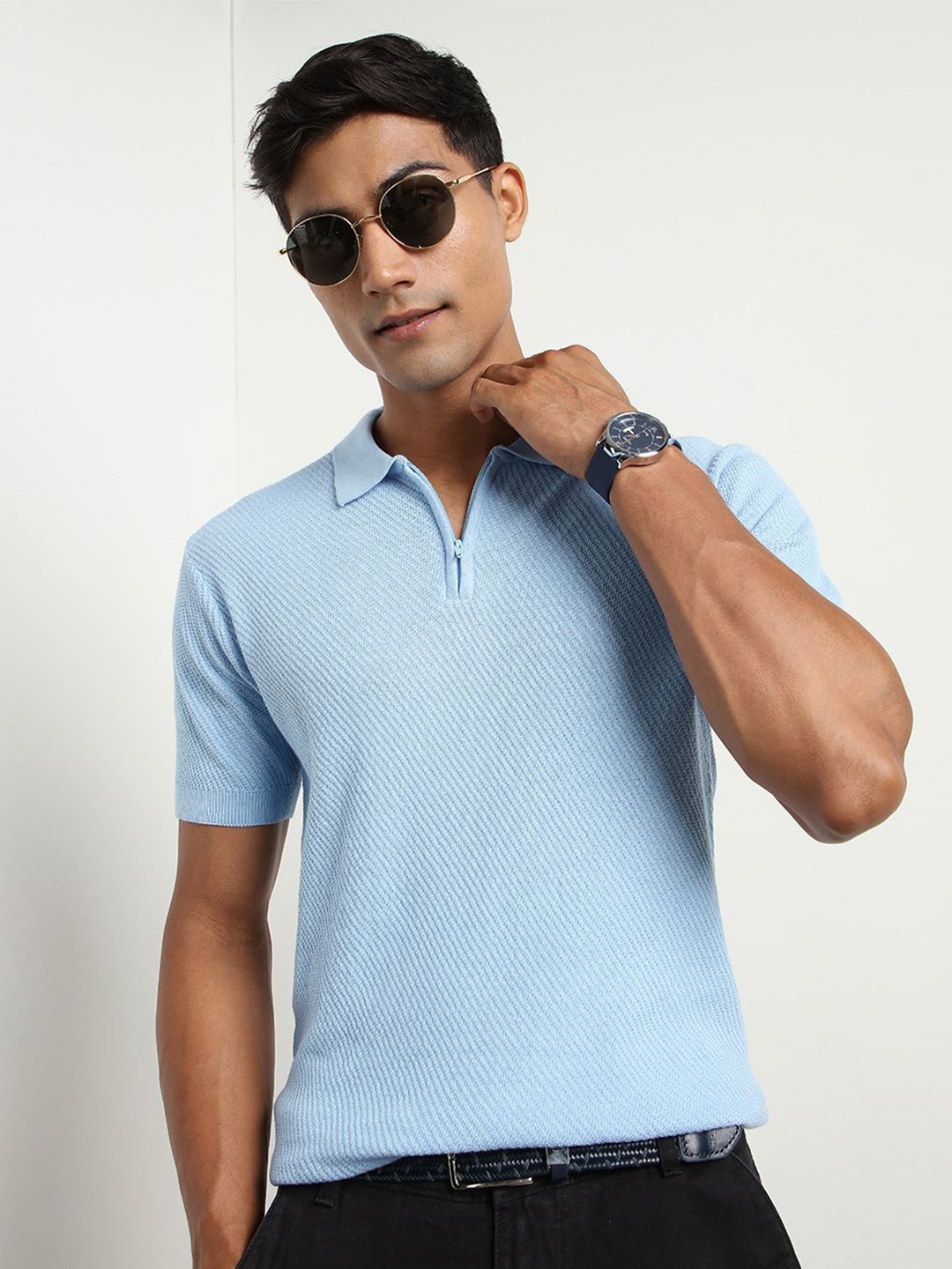 

NOBERO Men Polo Textured T-shirts, Blue