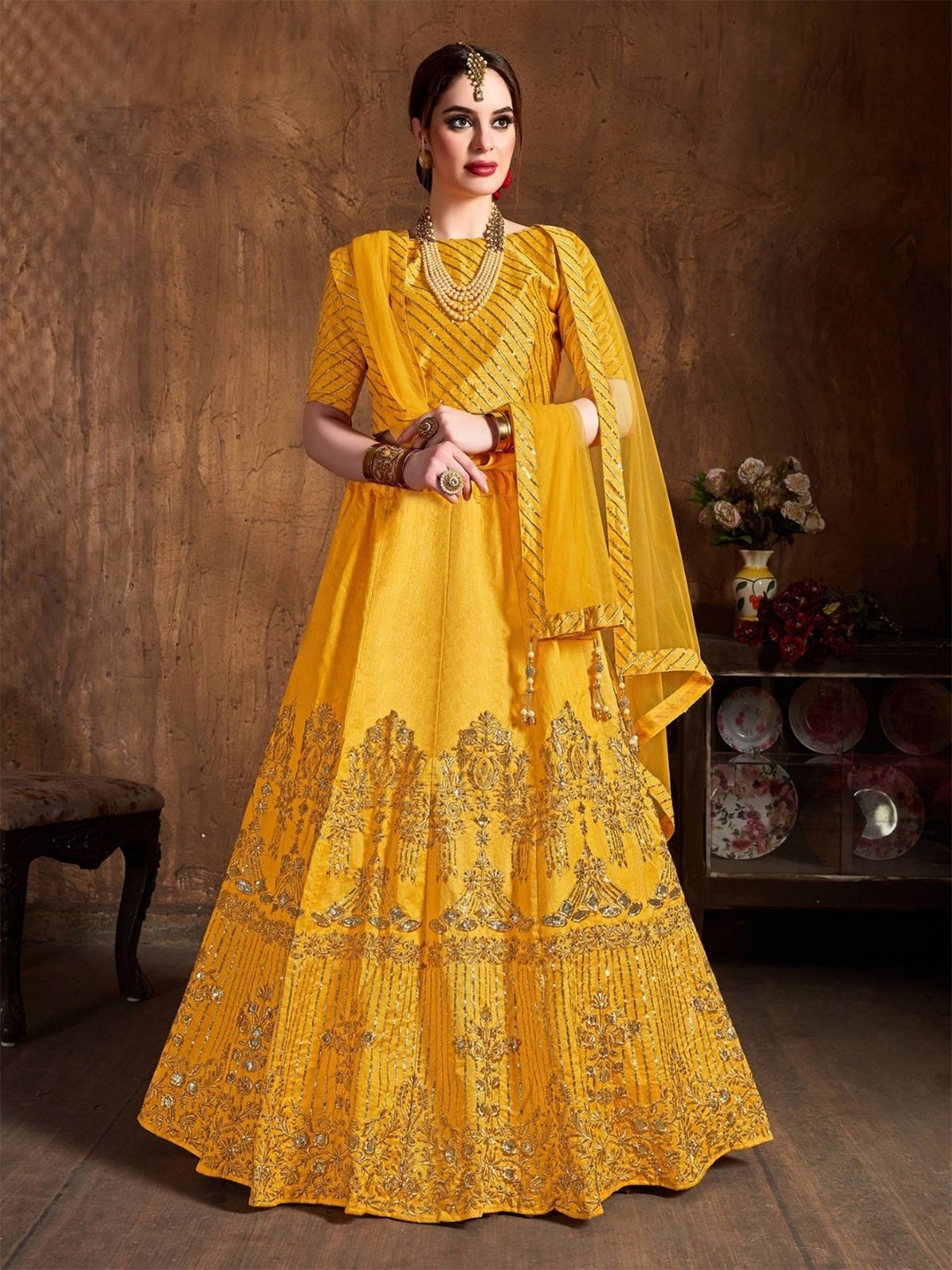 

ODETTE Embroidered Semi-Stitched Lehenga & Blouse With Dupatta, Yellow