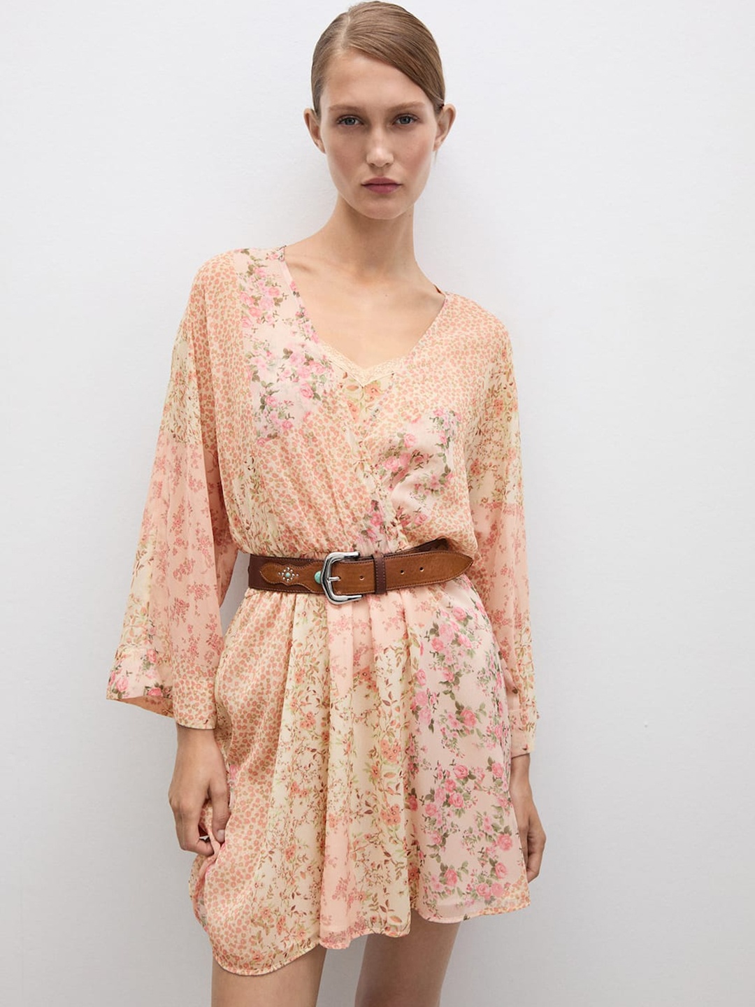 

MANGO Floral Print Flared Sleeve A-Line Mini Dress, Peach