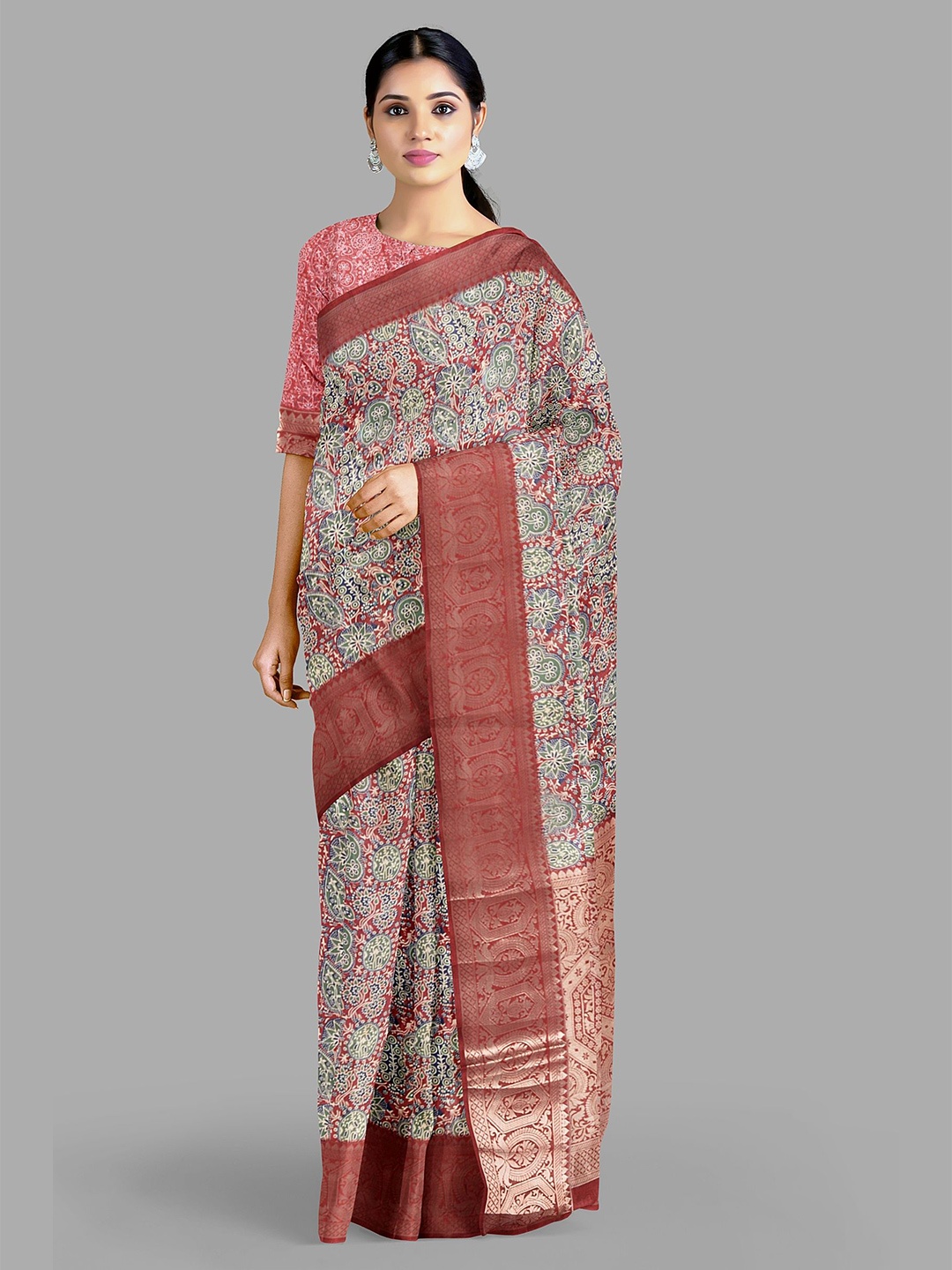

The Chennai Silks Ethnic Motifs Printed Zari Saree, Rust