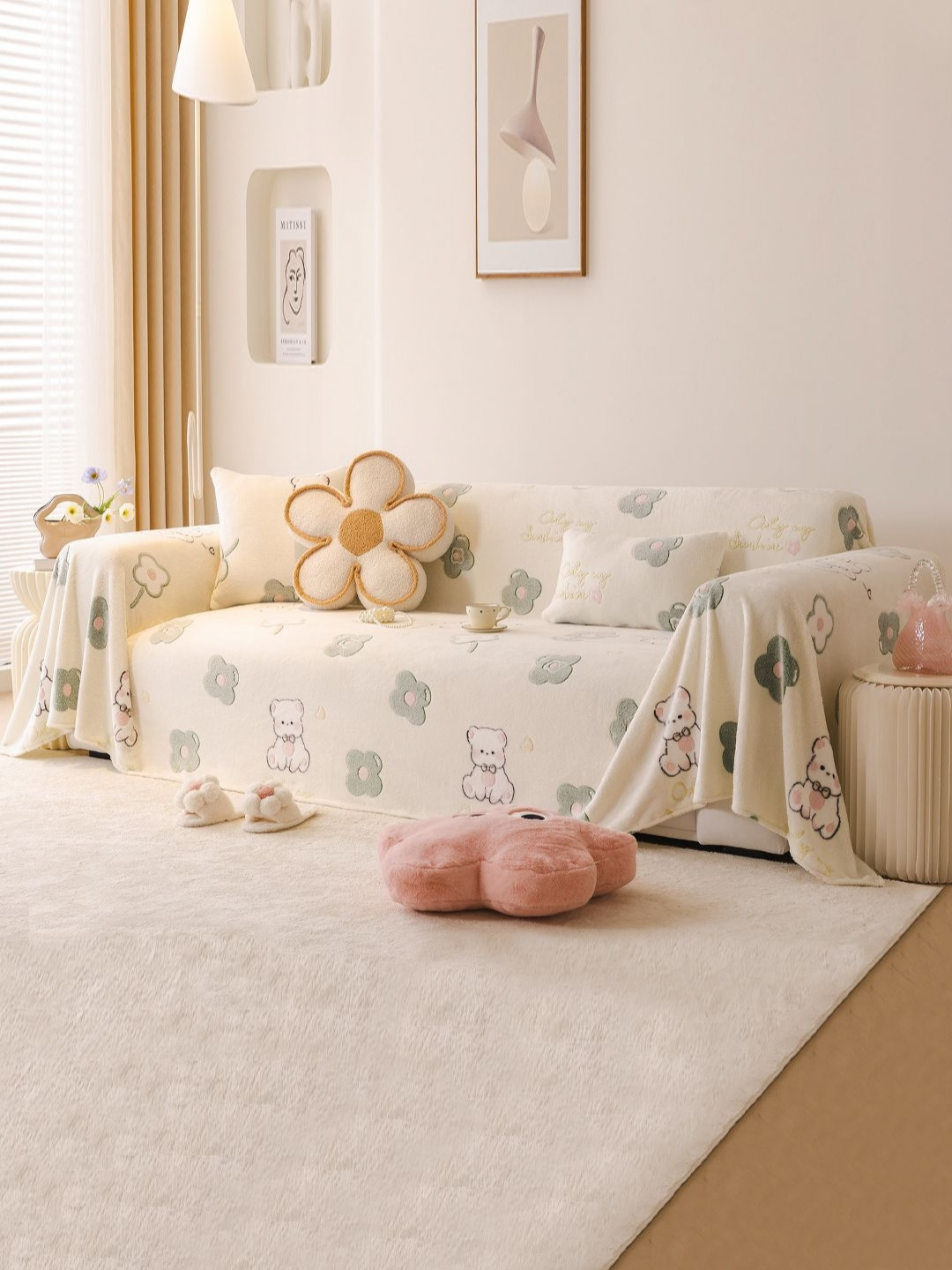 

HOKIPO White & Green Other 1 Piece Sofa Cover With Arms