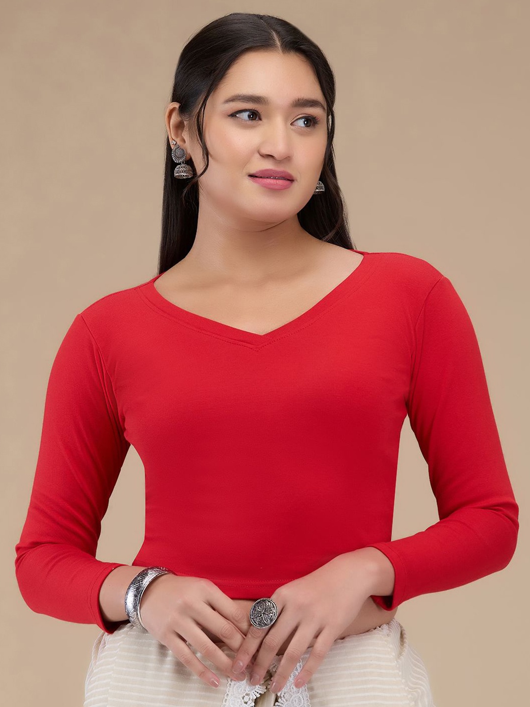 

Mmore V Neck Saree Blouse, Red