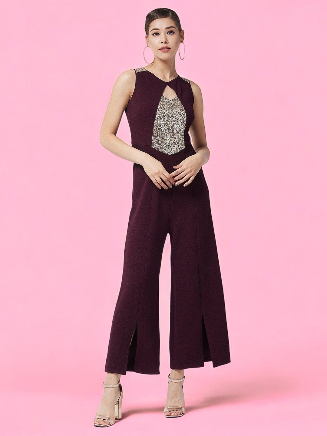 

DressBerry Women Round Neck Sleeveless Solid Panelled Regular Jumpsuit, Maroon