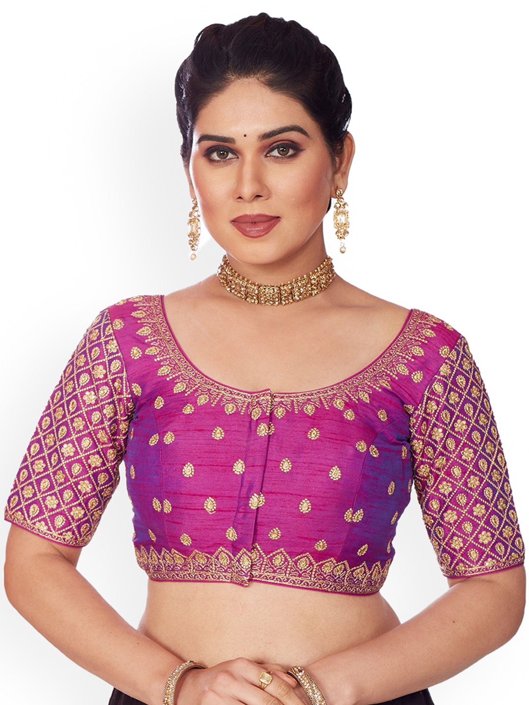 

Mmore V Neck Embroidered Readymade Padded Saree Blouse, Purple