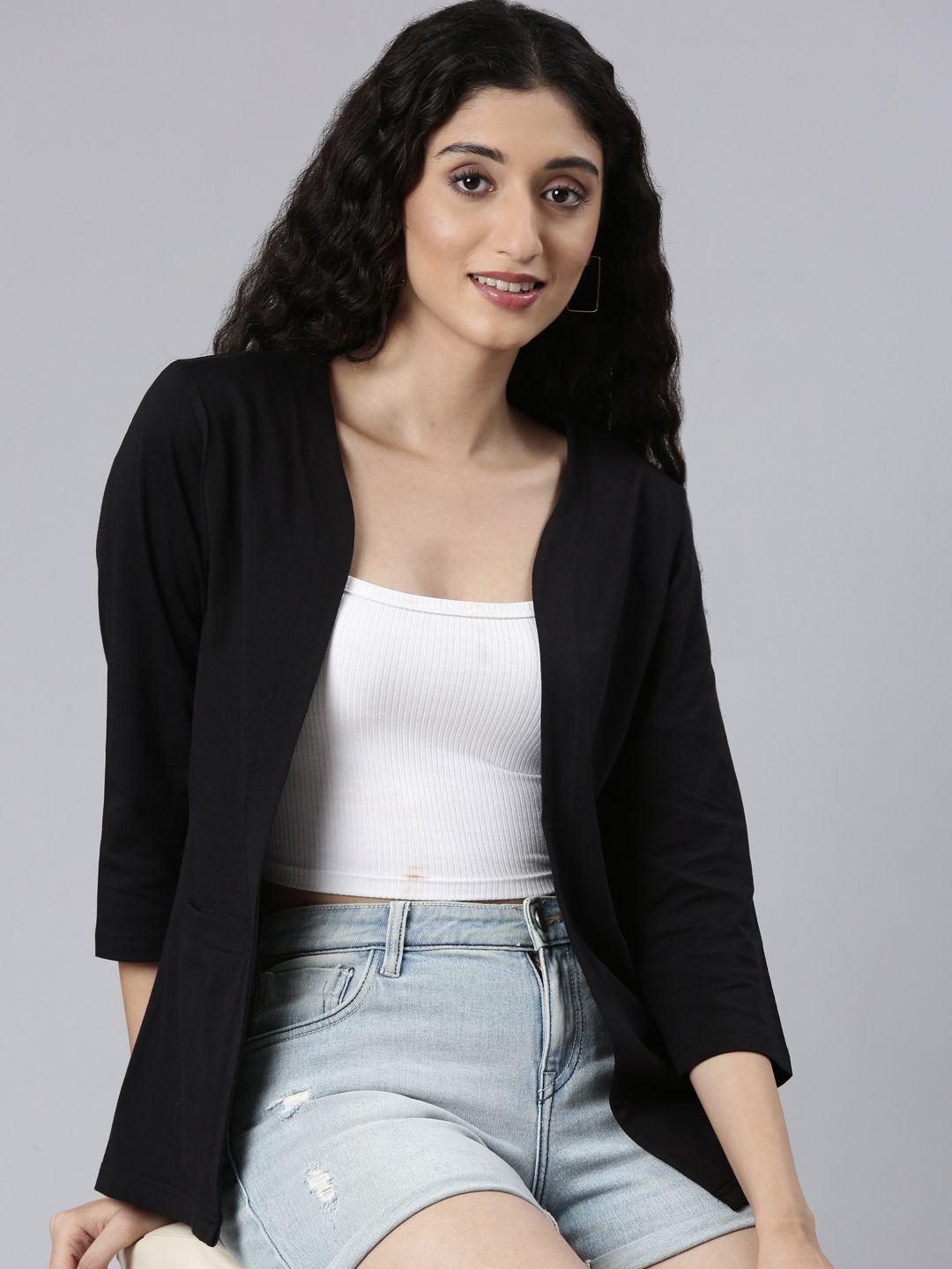 

TWIN BIRDS Three-Quarter Sleeves Pure Cotton Open Front Shrug, Black