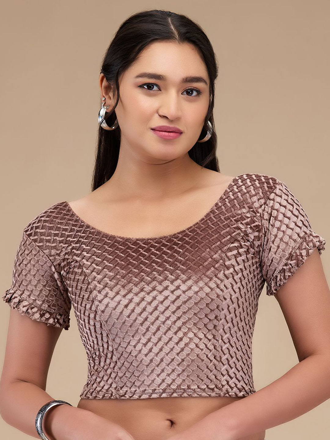 

Mmore Woven-Design Non Padded Saree Blouse, Brown