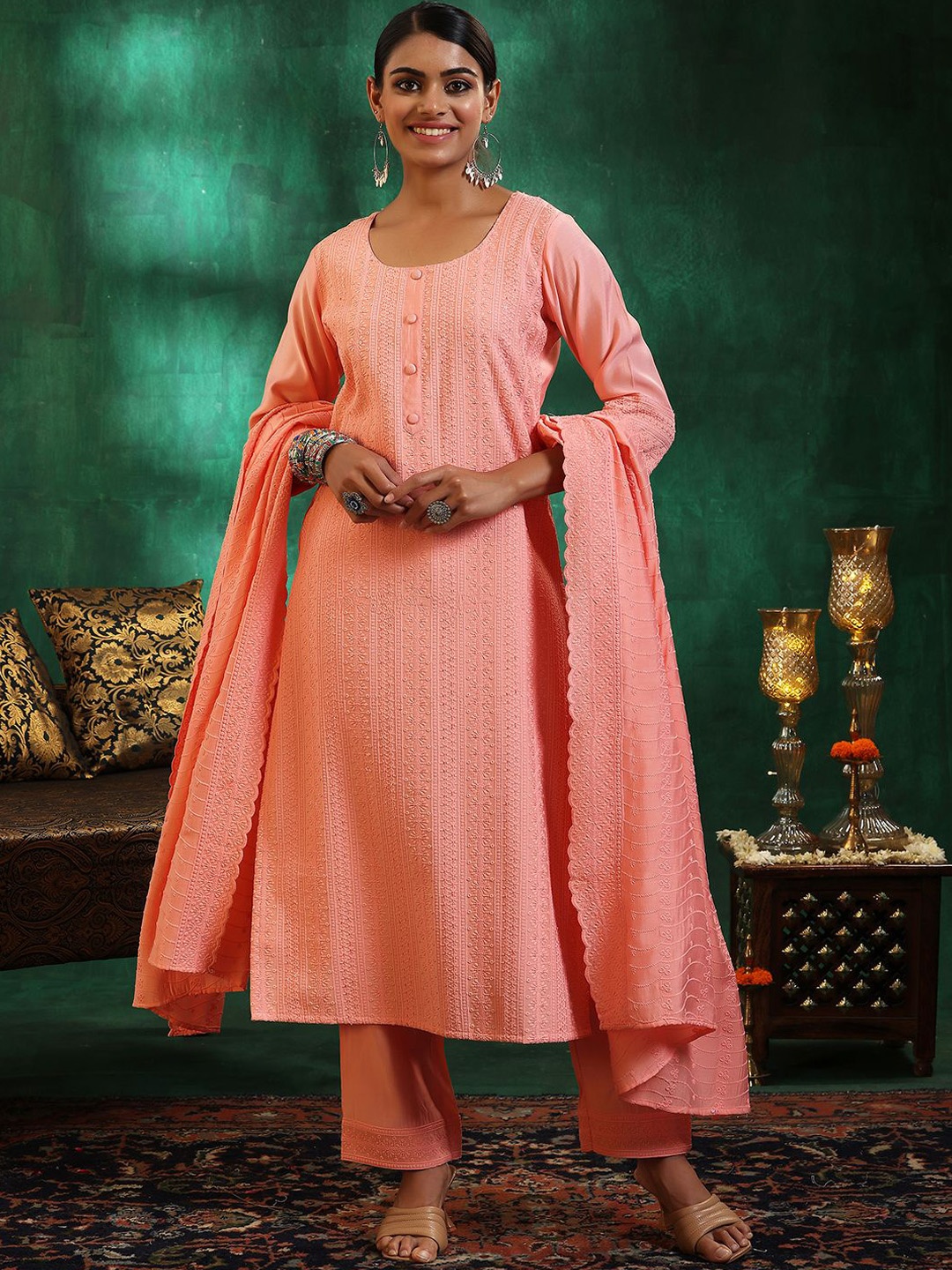 

Libas Women Ethnic Motifs Embroidered Regular Sequinned Kurta with Palazzos & With Dupatta, Peach