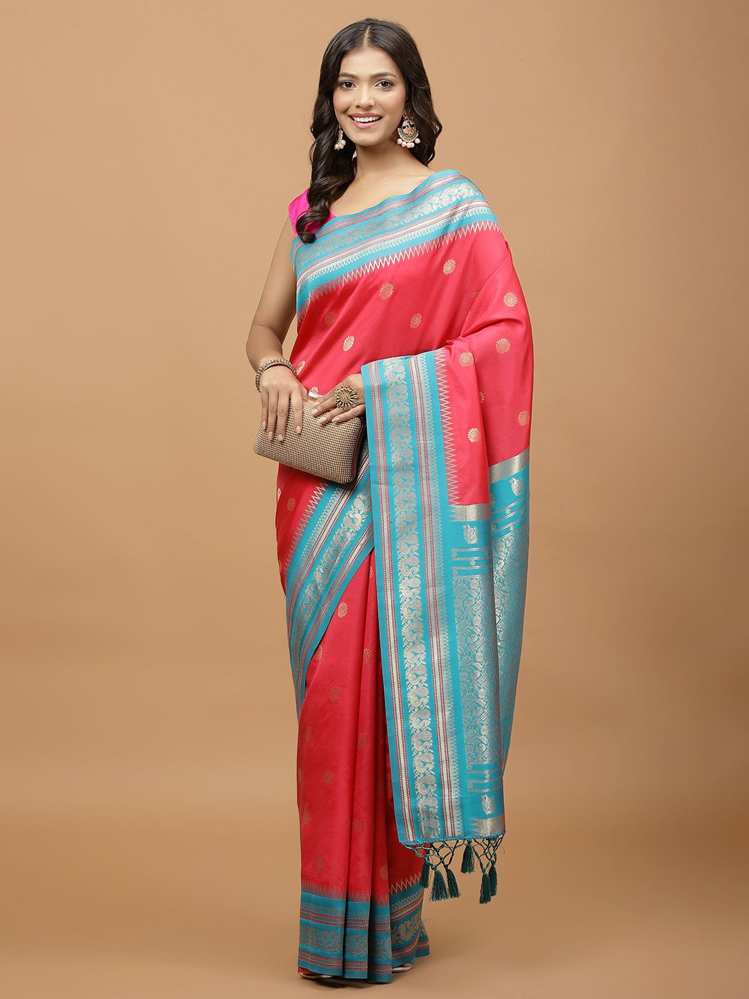 

Meena Bazaar Woven Design Saree With Zari Border, Pink