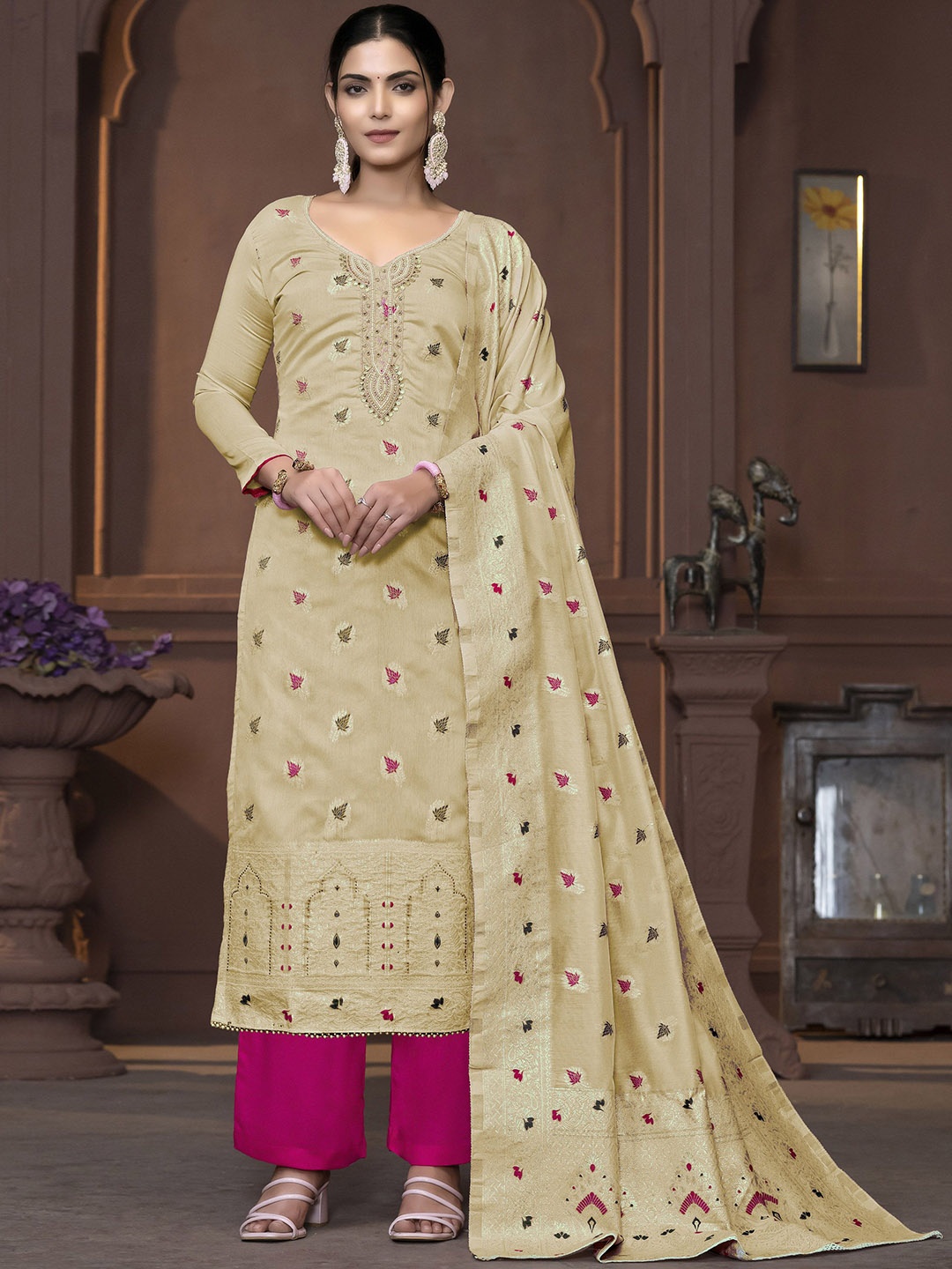 

MANVAA Woven Design Unstitched Dress Material, Beige