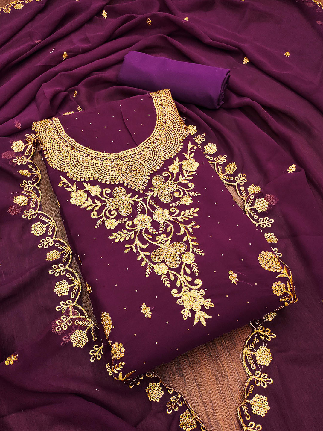 

KALINI Floral Embroidered Silk Georgette Unstitched Dress Material, Purple