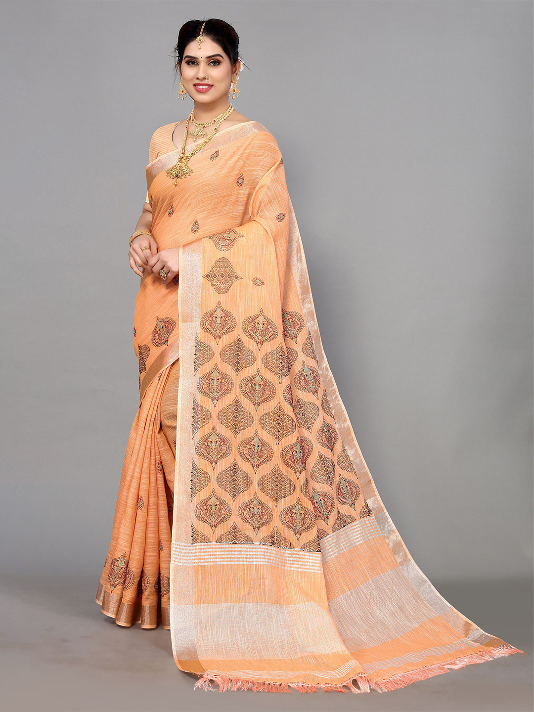 

VIRICA Ethnic Motifs Embroidered Party Wear Saree, Orange