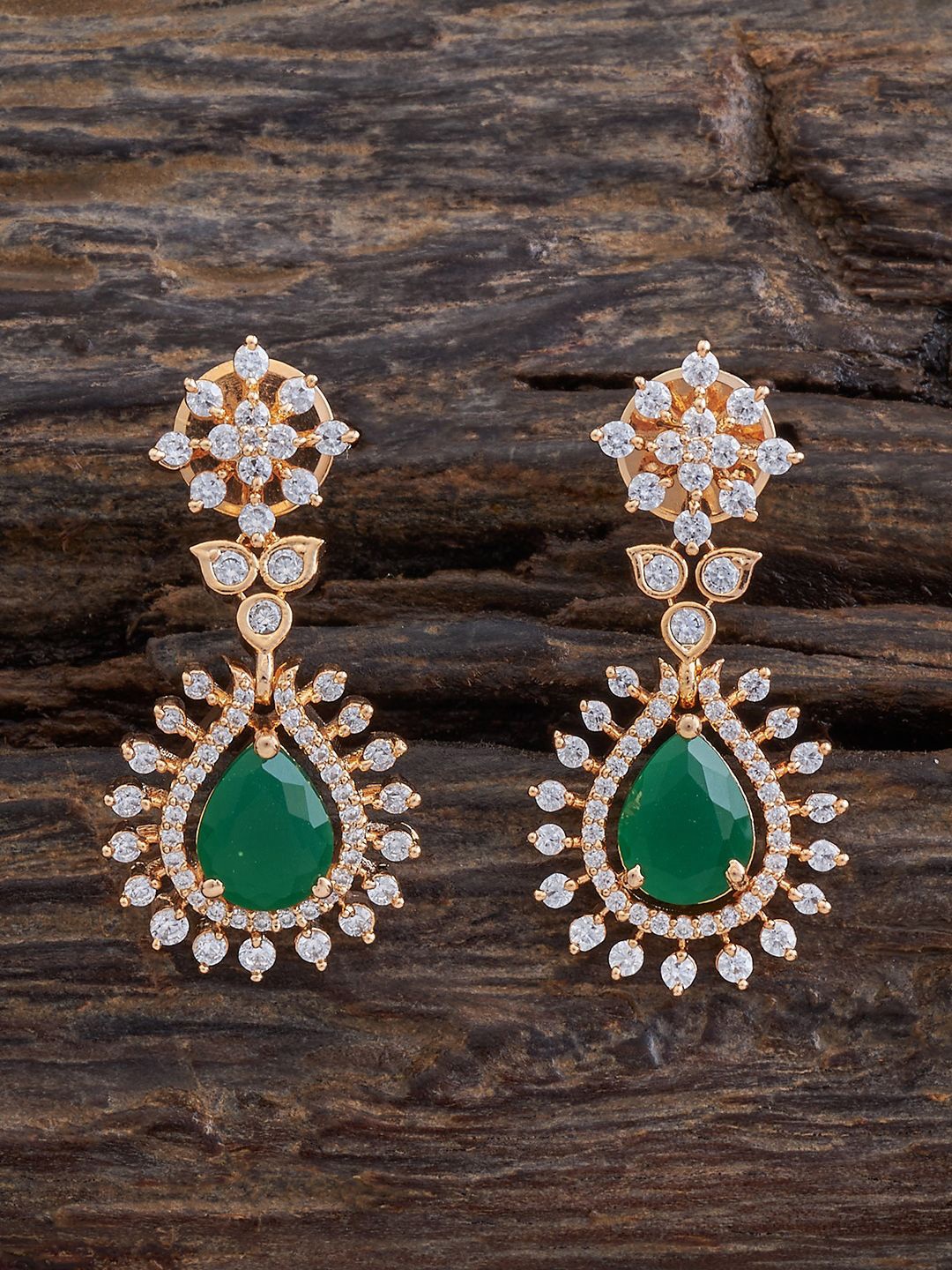 

Kushal's Fashion Jewellery Gold-Plated CZ Studded Teardrop Shaped Drop Earrings