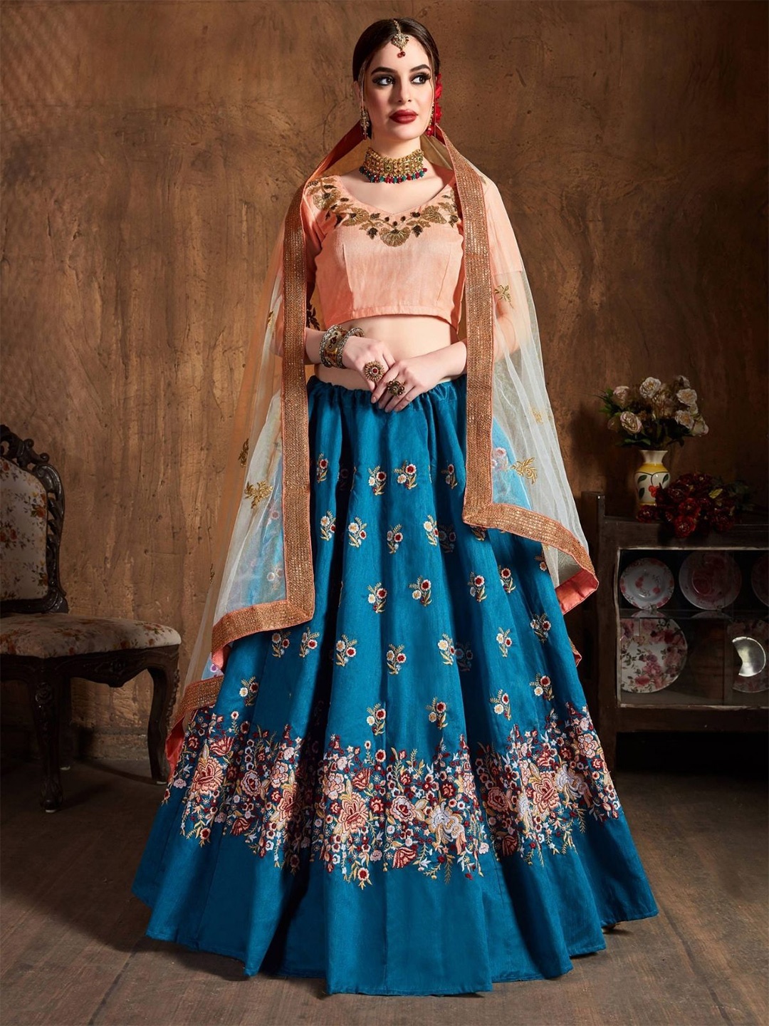 

ODETTE Floral Embroidered Semi-Stitched Lehenga & Blouse With Dupatta, Orange