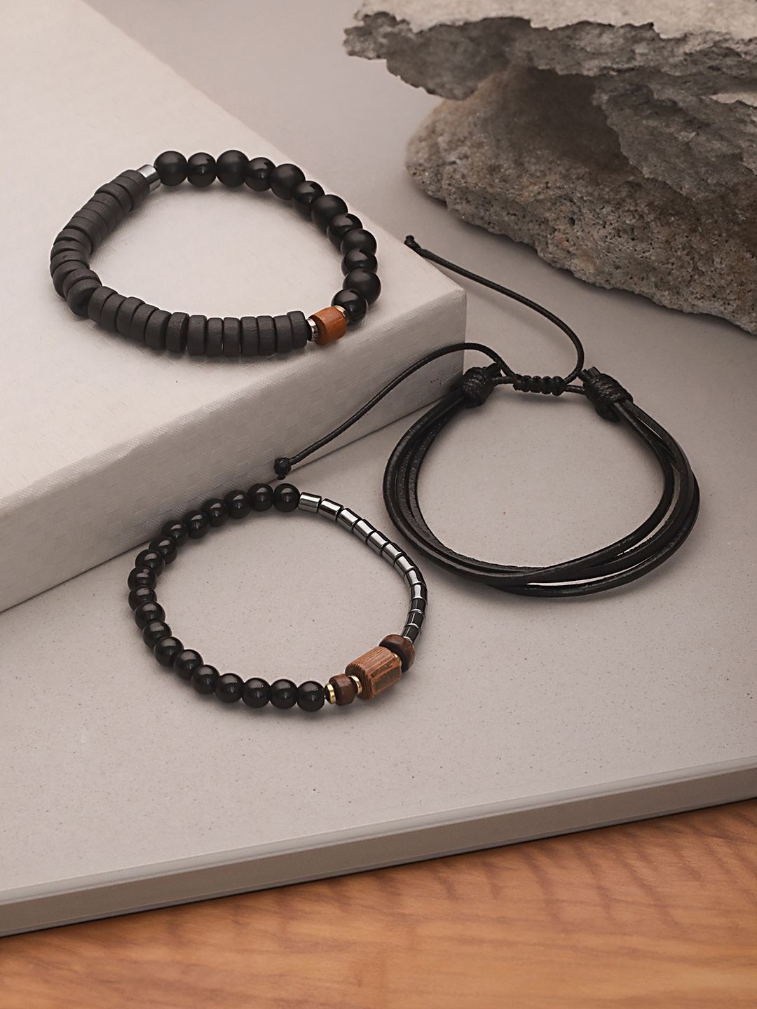 

Jazz and Sizzle Men Set of 3 Beaded Elasticated Bracelet, Black