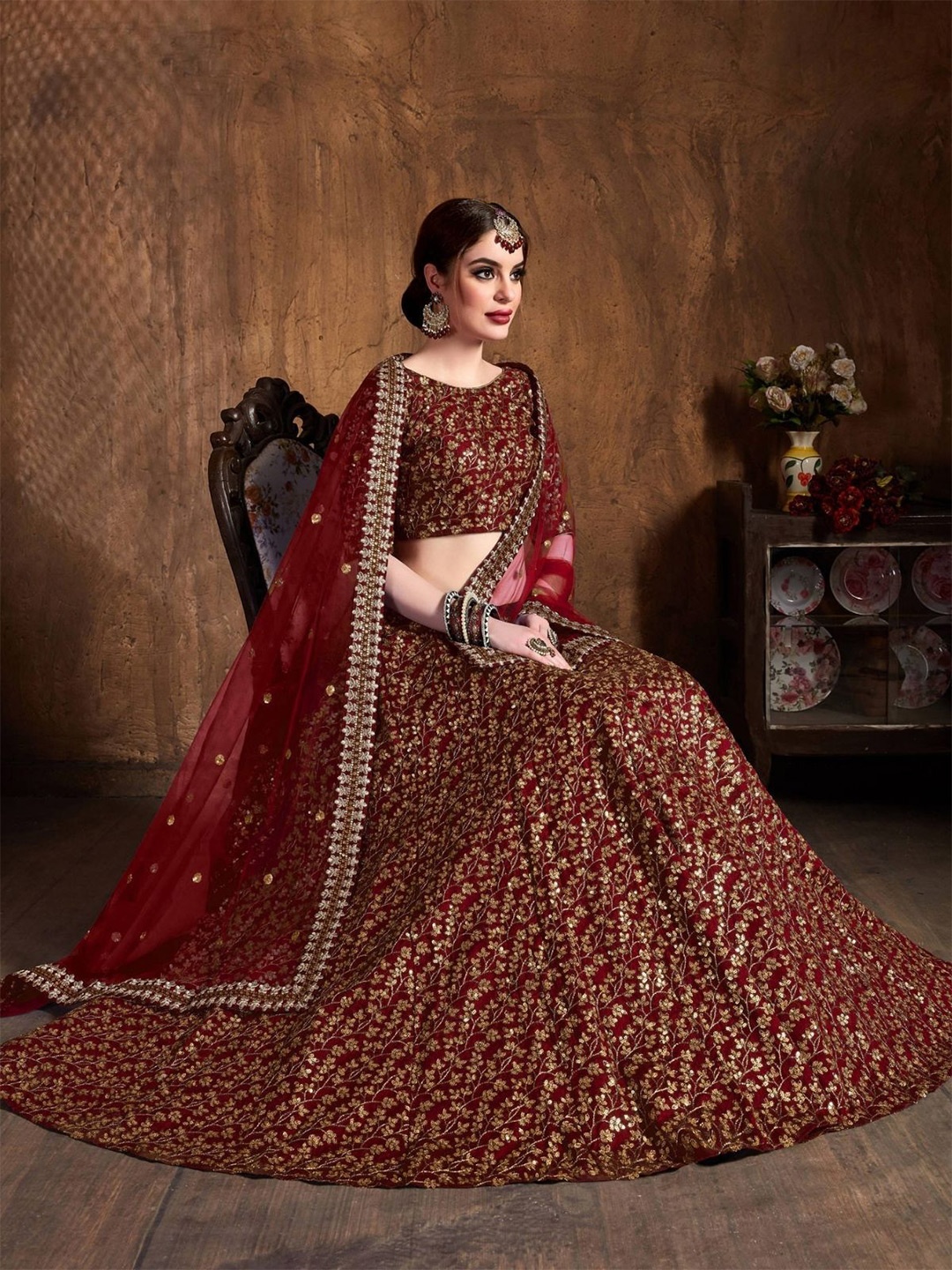 

ODETTE Embroidered Sequinned Semi-Stitched Lehenga & Blouse With Dupatta, Maroon