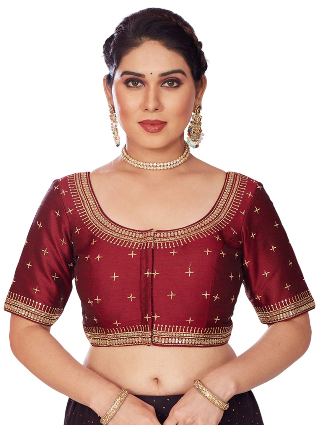 

Mmore Embroidered Padded Saree Blouse, Maroon