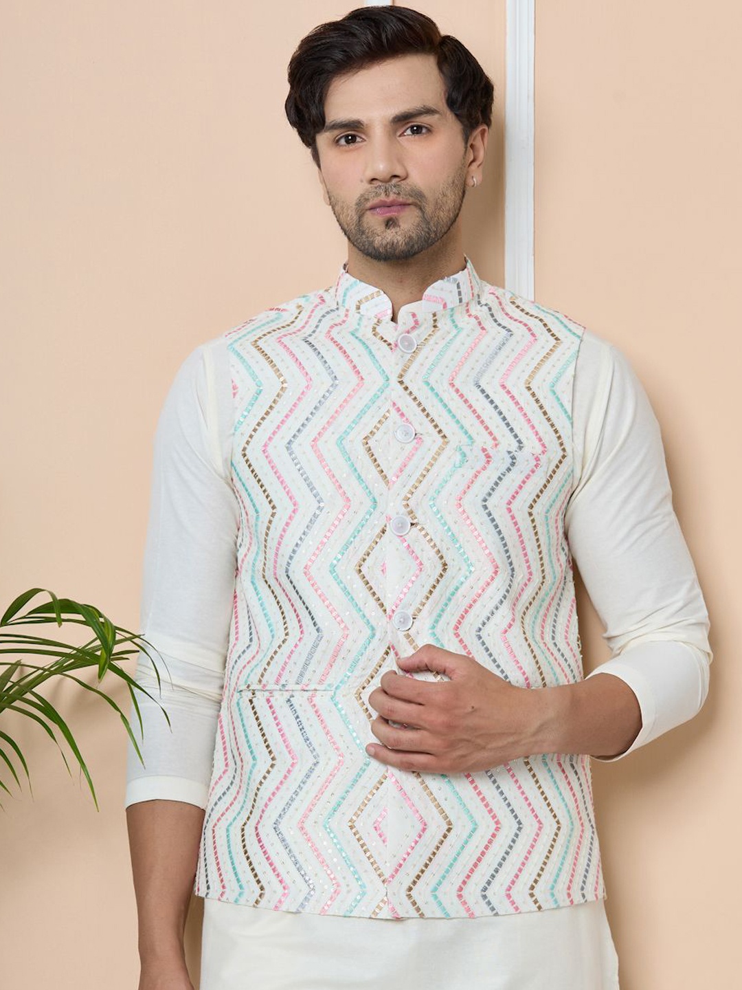

See Designs Embroidered Pure Cotton Nehru Jacket, White