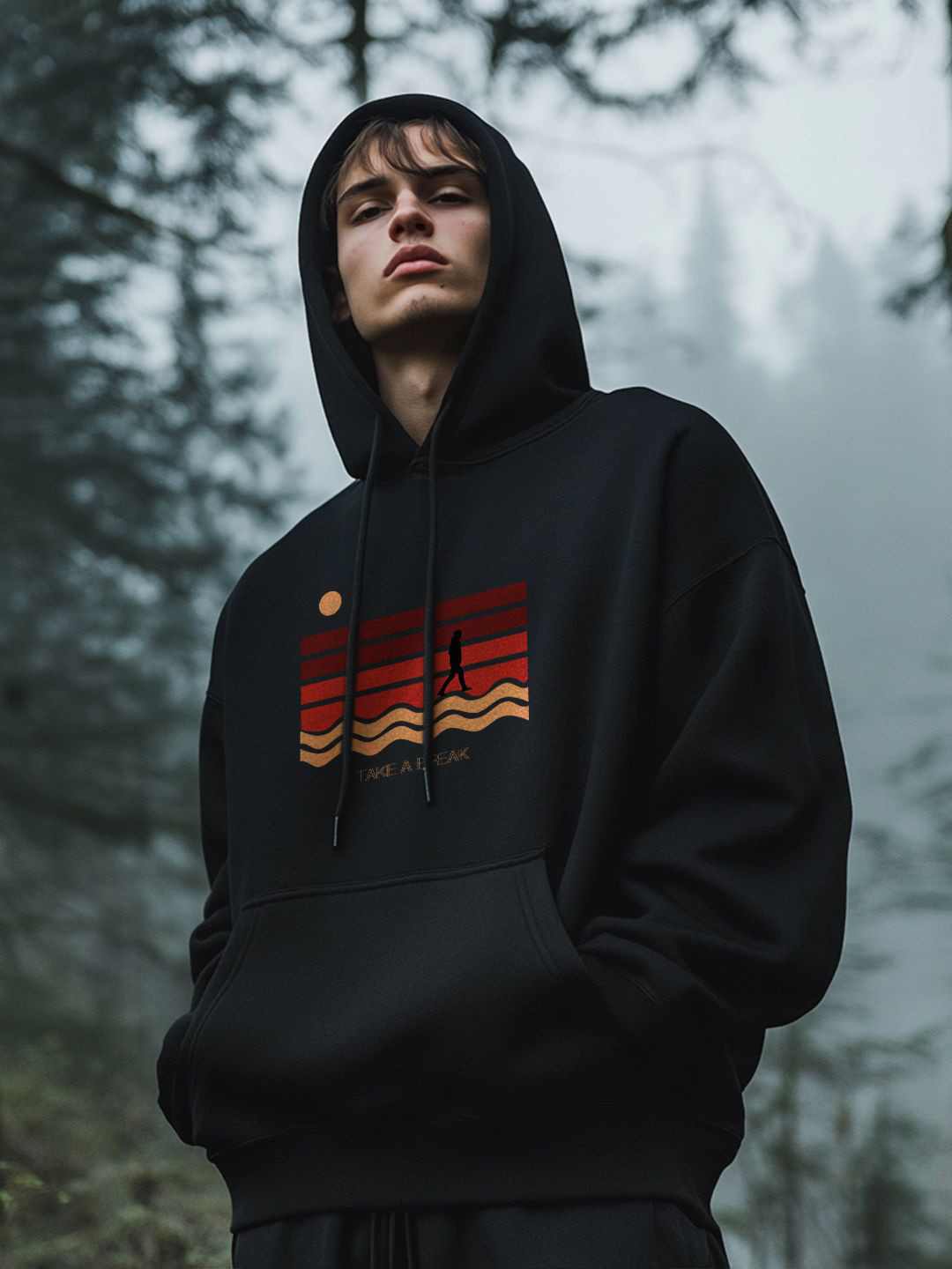 

NOBERO Men Oversized Printed Hooded Sweatshirt, Black