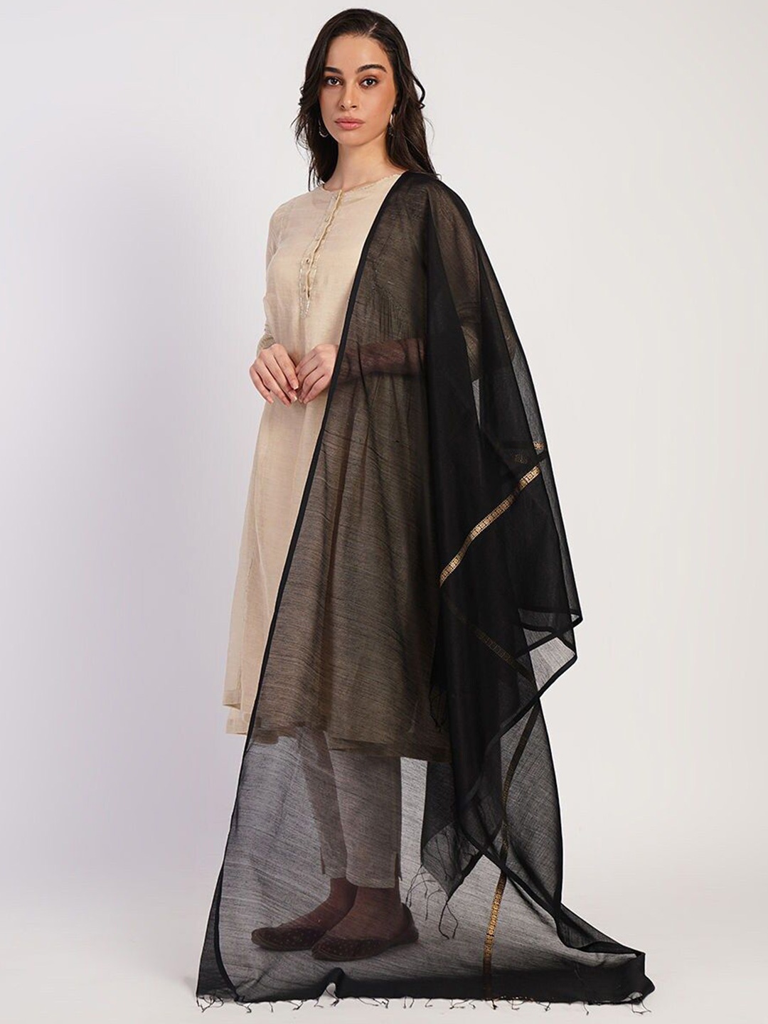 

JAYPORE Cotton Silk Dupatta, Black