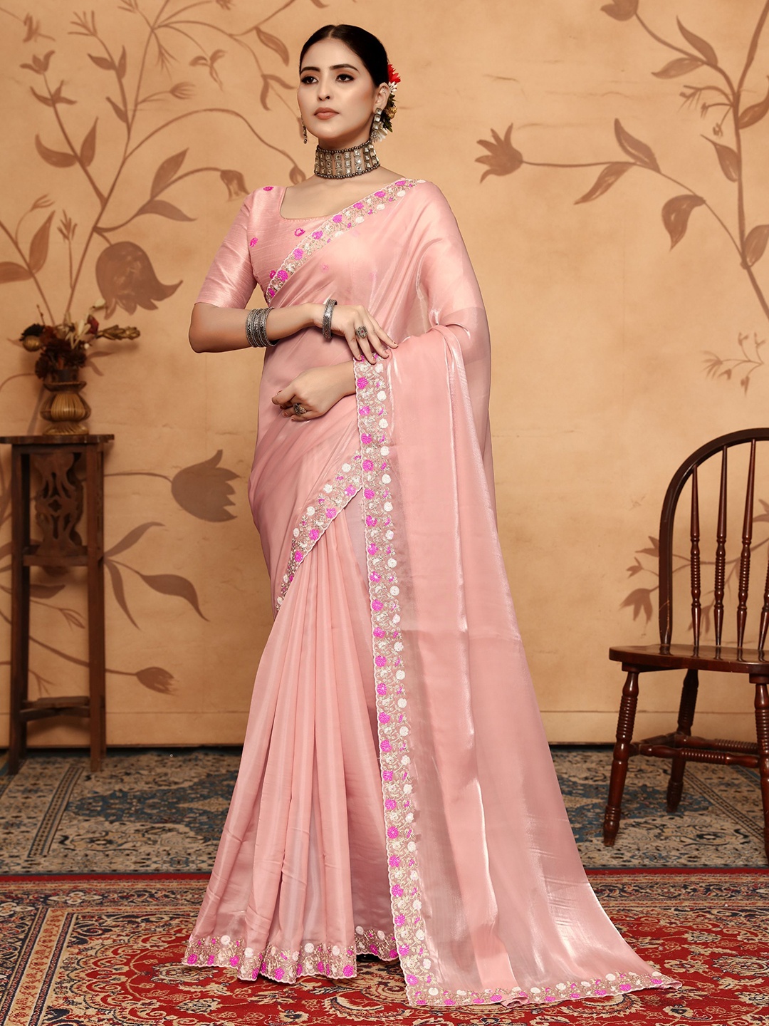 

VIRICA Solid Embroidered Saree With Blouse Piece, Rose gold