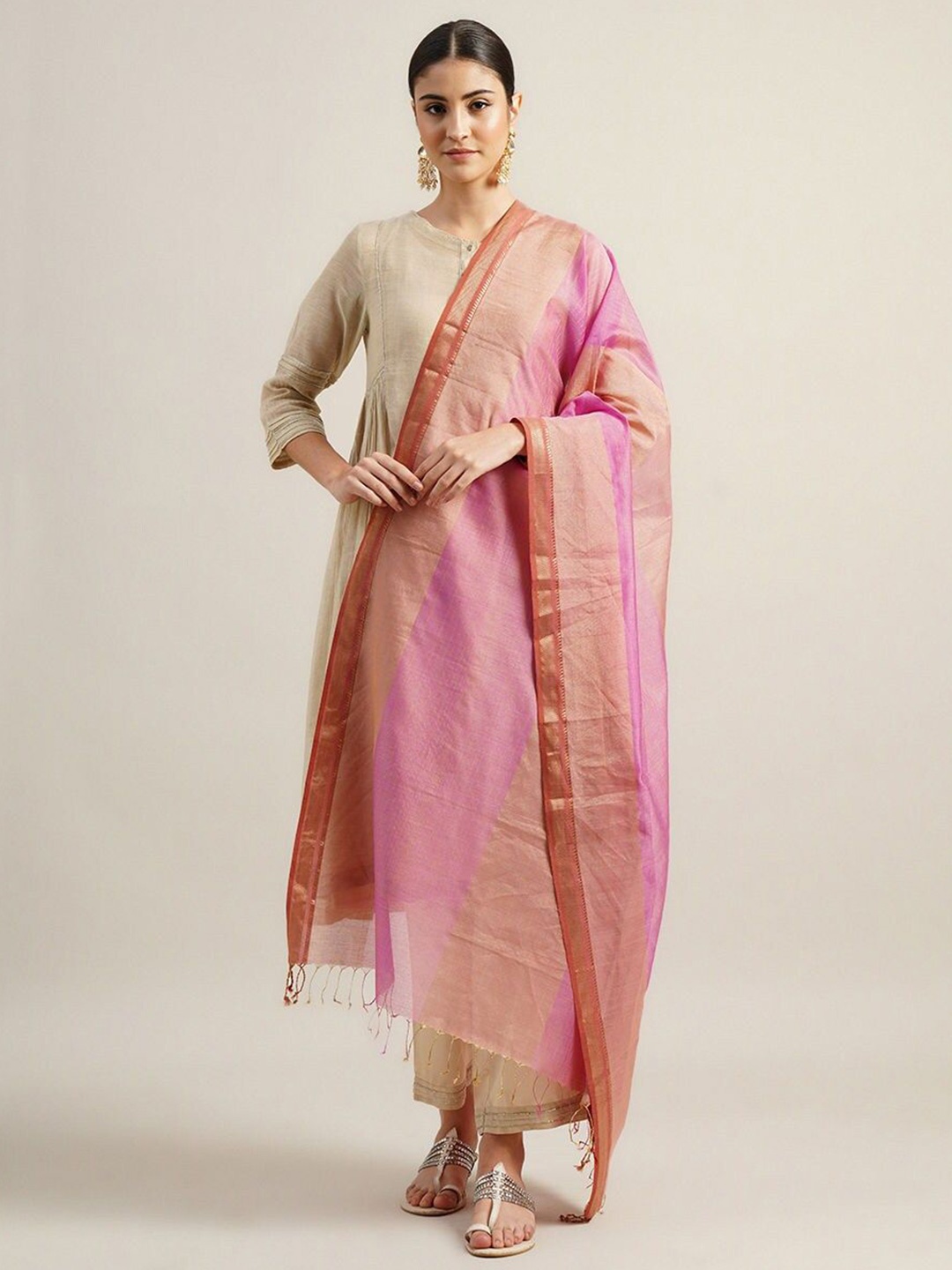 

JAYPORE Woven Design Cotton Silk Dupatta with Zari, Rust