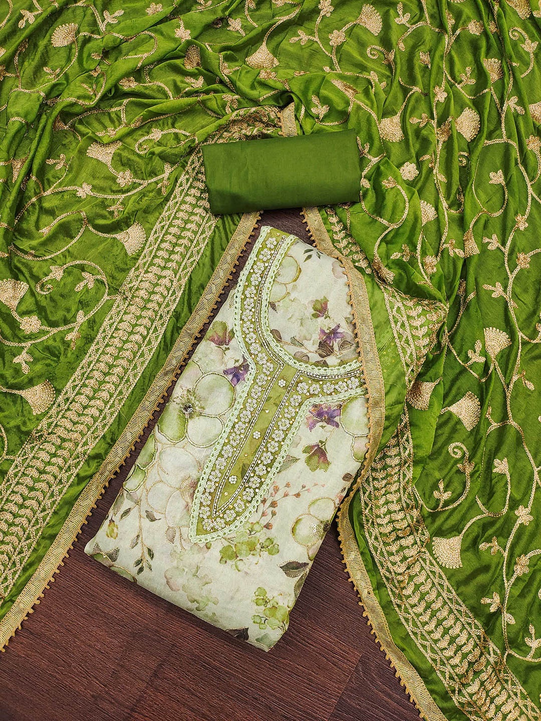 

MANVAA Floral Embroidered Beads and Stones Unstitched Dress Material, Lime green