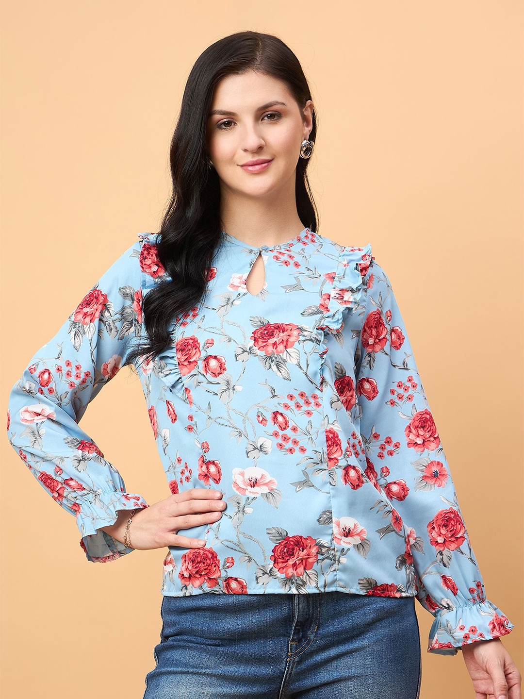 

NEESH Women Floral Printed Keyhole Neck Top, Blue