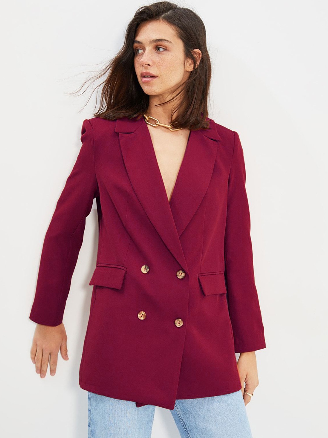 

Trendyol Double-Breasted Causal Blazers, Burgundy