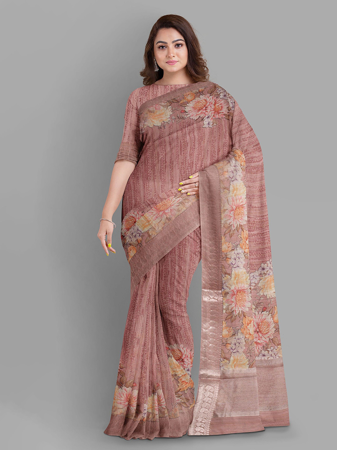 

The Chennai Silks Floral Zari Saree, Brown