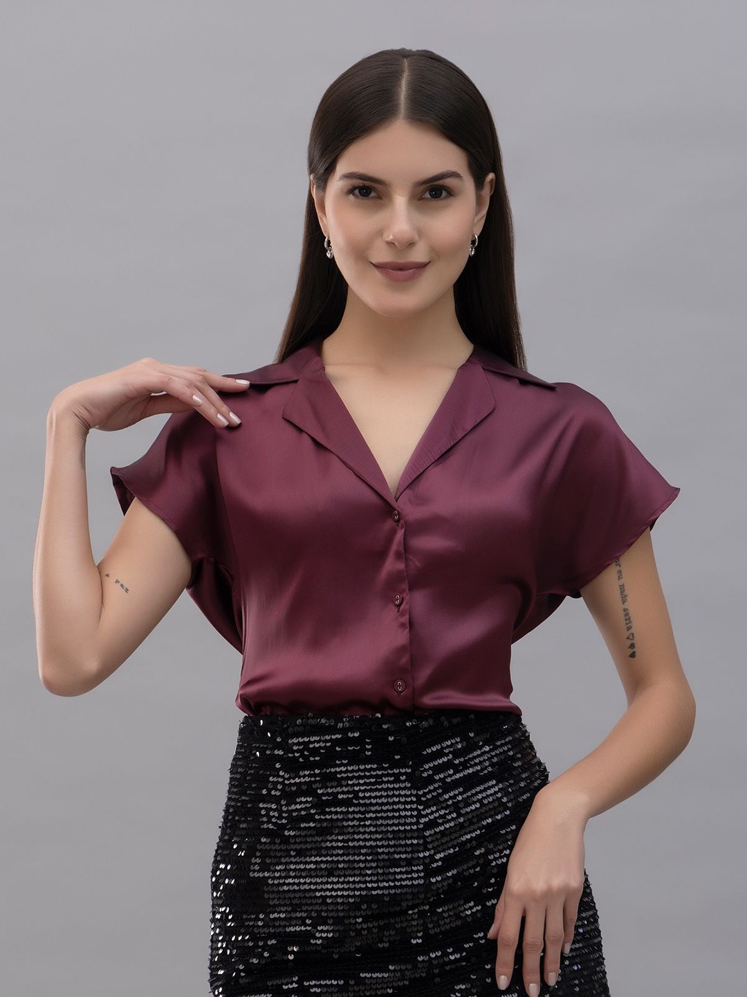 

PURYS WORKSPACE Women Classic Cuban Collar Solid Formal Shirt, Maroon