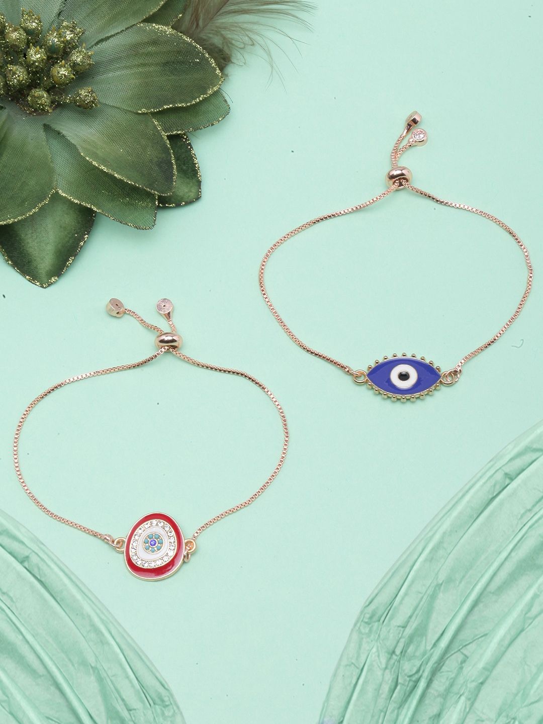 

KPOP Set Of 2 Brass Rose Gold-Plated Stones Studded Charm Bracelet