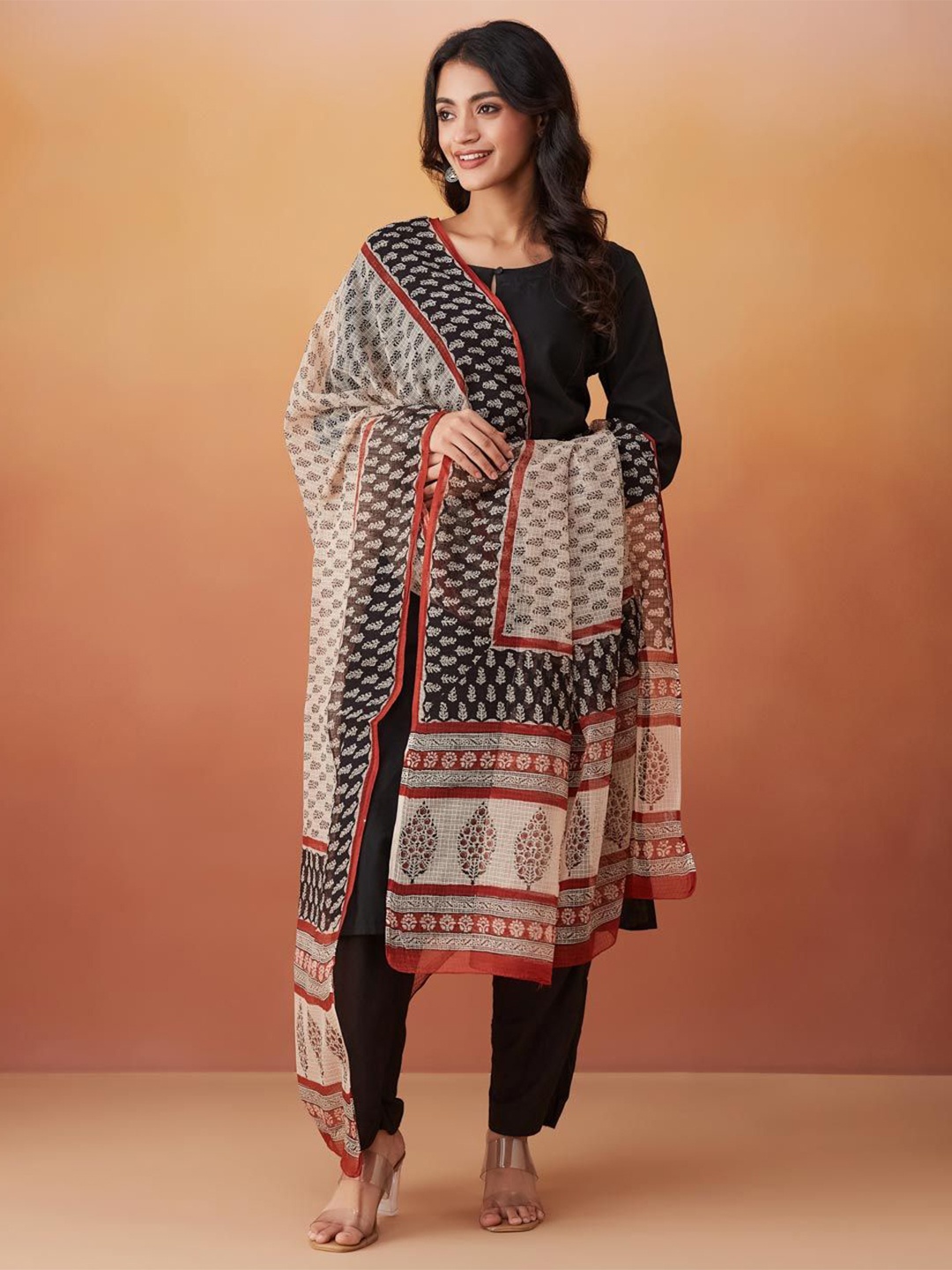 

Fabindia Beige Cotton Silk Bagru Printed Dupatta