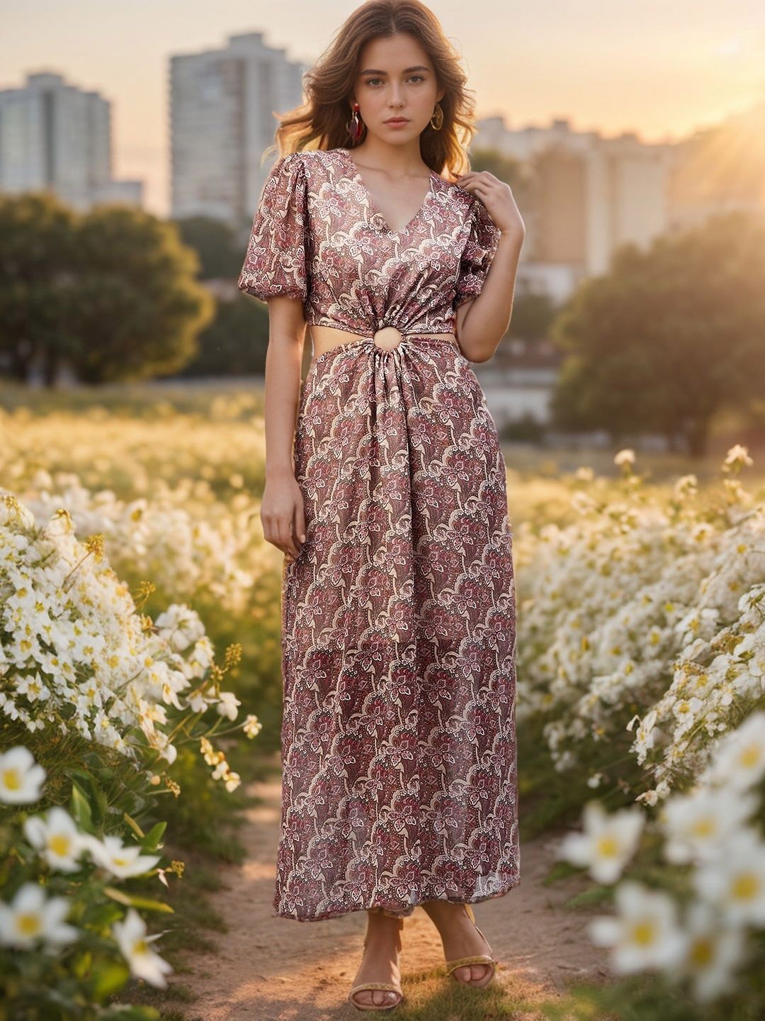 

RARE Floral Print A-Line Maxi Dress, Brown