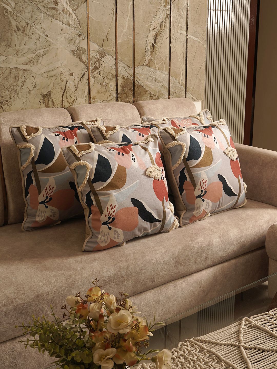 

SANSKRUTIHOMES Blue & Navy Blue Set of 5 Floral Velvet Square Cushion Covers
