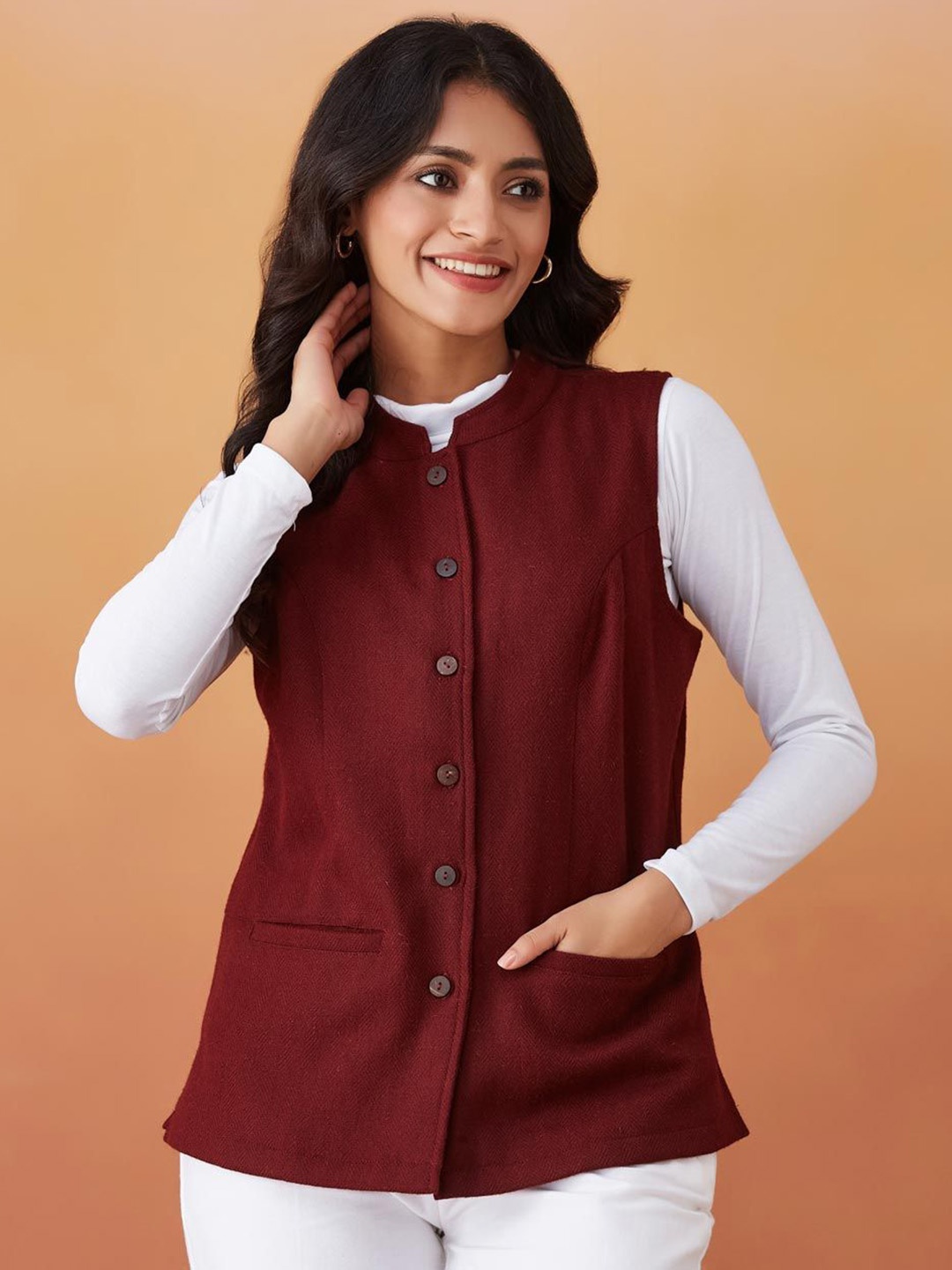 

Fabindia Women Woollen Nehru Jackets, Maroon