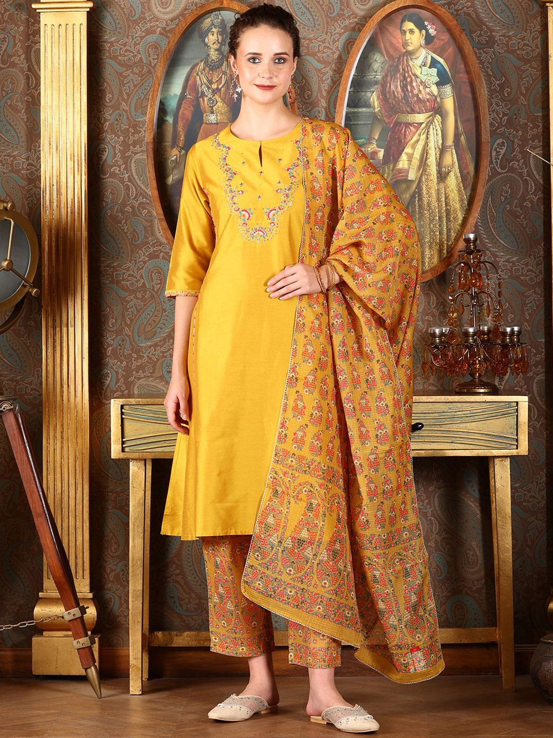 

W Women Floral Embroidered Regular Thread Work Kurta with Trousers & With Dupatta, Yellow