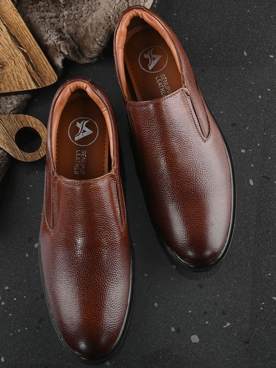 

Auserio Men Leather Formal Slip-Ons, Tan