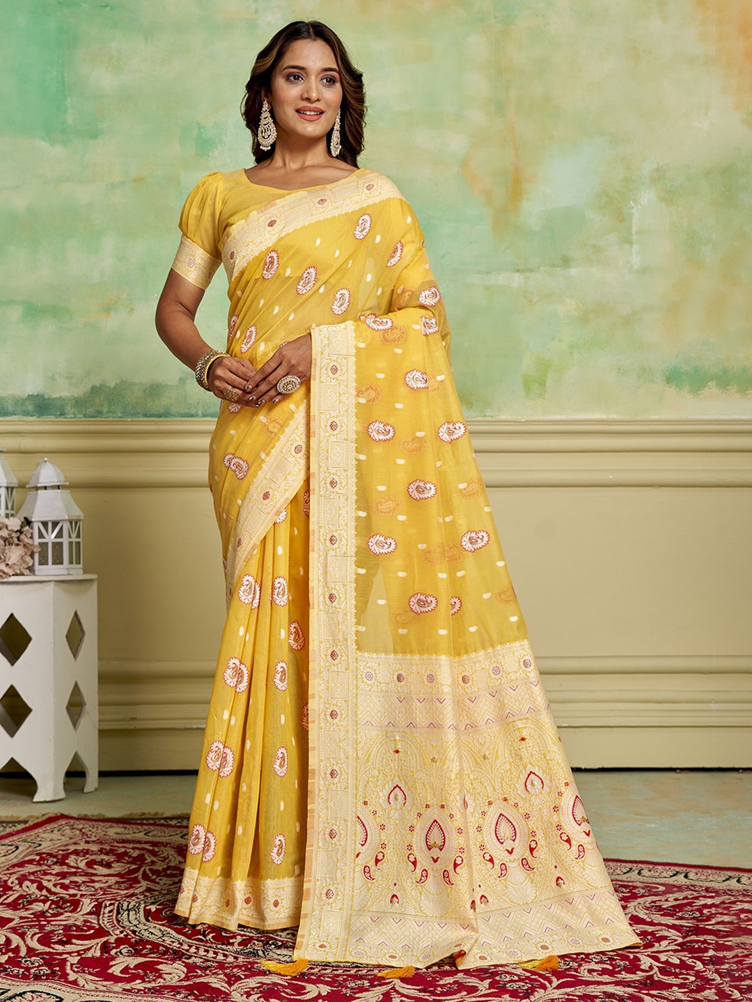 

KAYOMMI Ethnic Motifs Zari Pure Cotton Baluchari Saree, Yellow